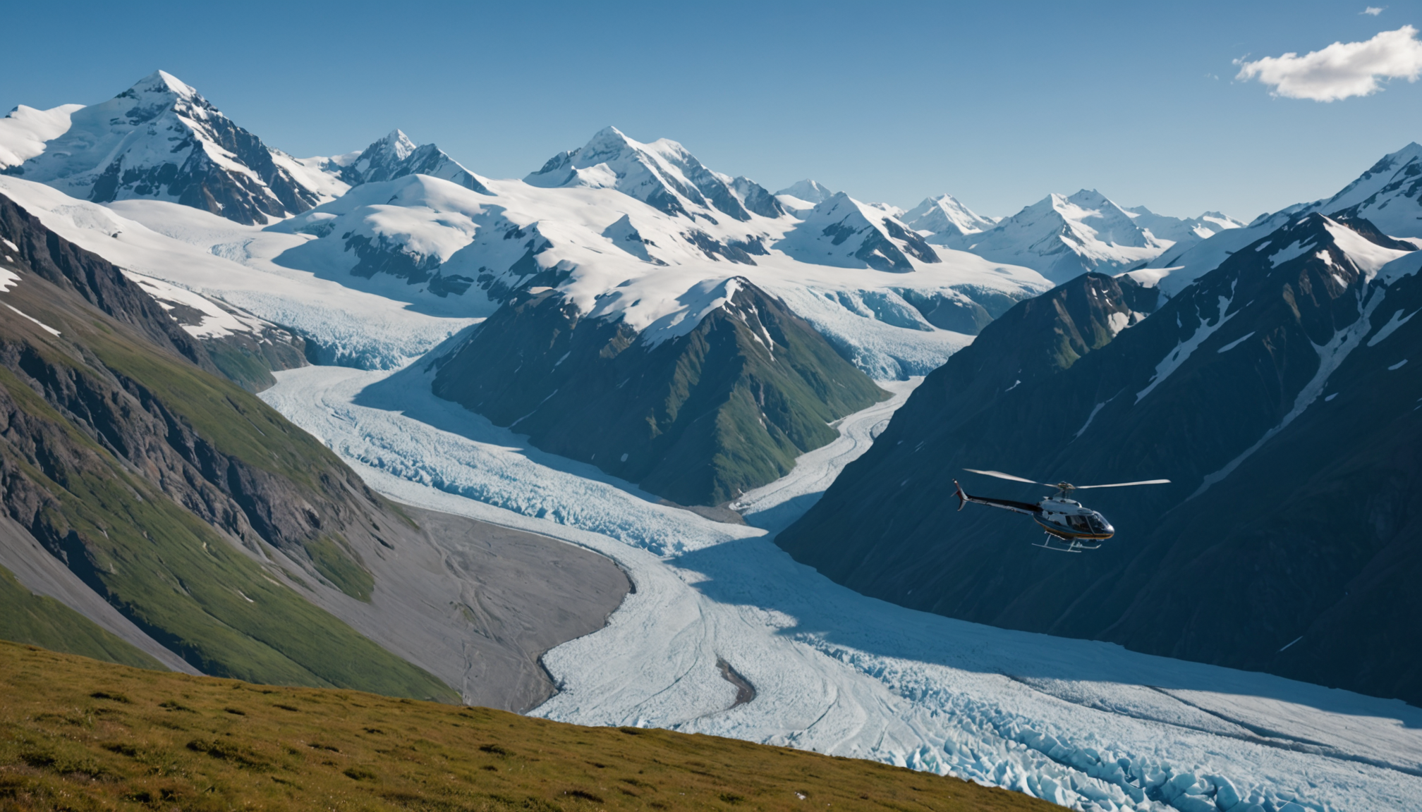 Helicopter flying over Knik Glacier