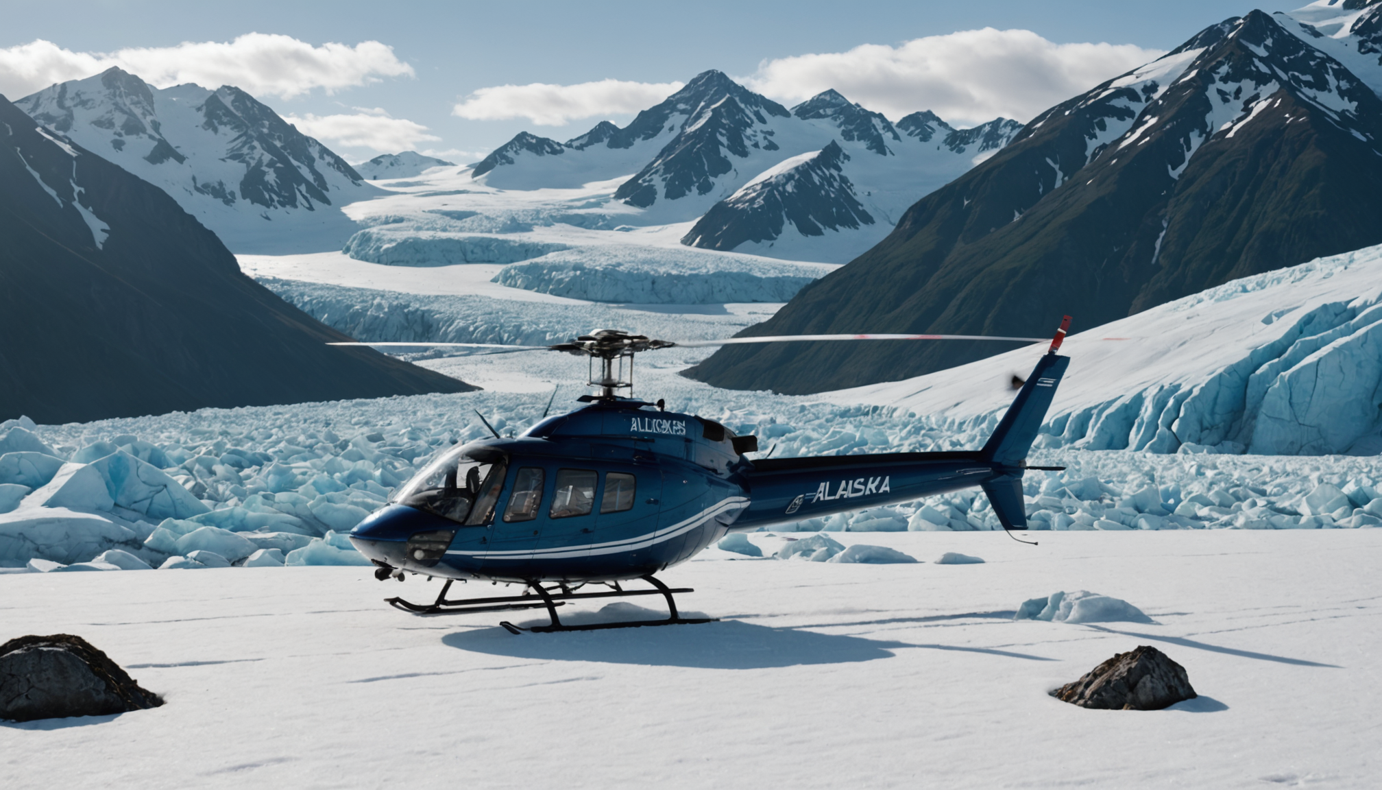 Helicopter landing on a snow-covered Alaskan peak