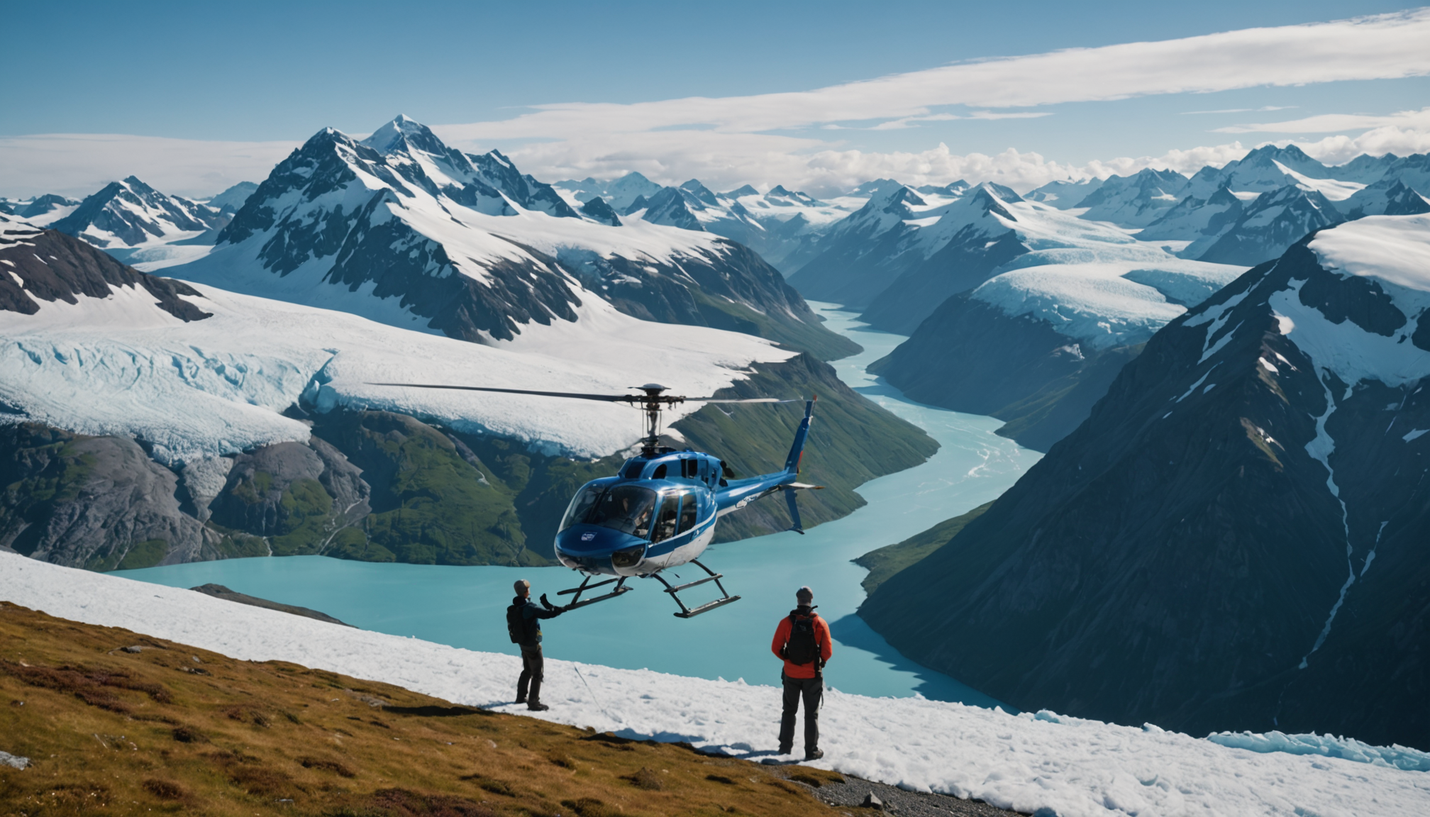 Family enjoying a helicopter tour over the Chugach Mountains