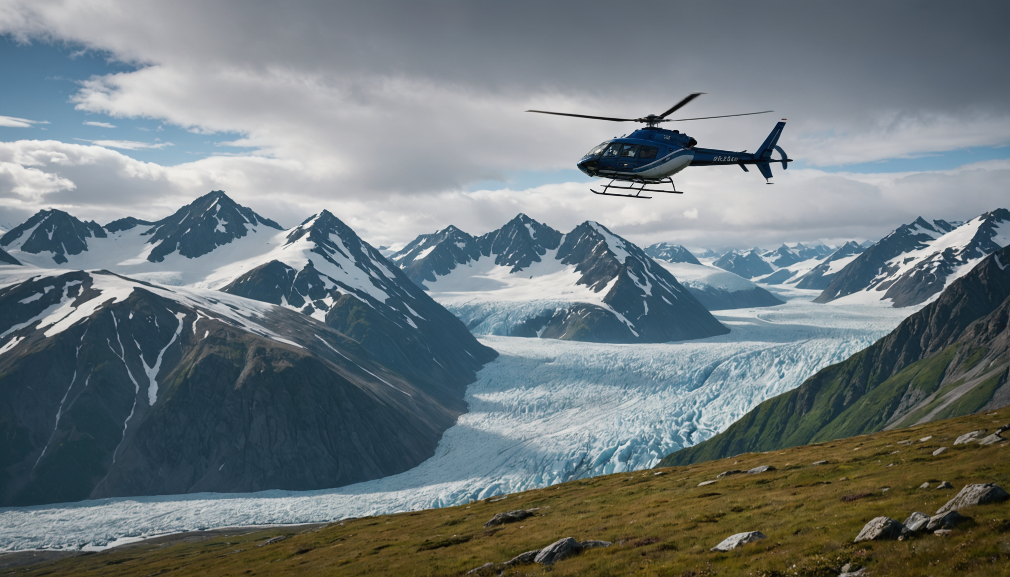 Helicopter flying over Chugach Mountains, Alaska