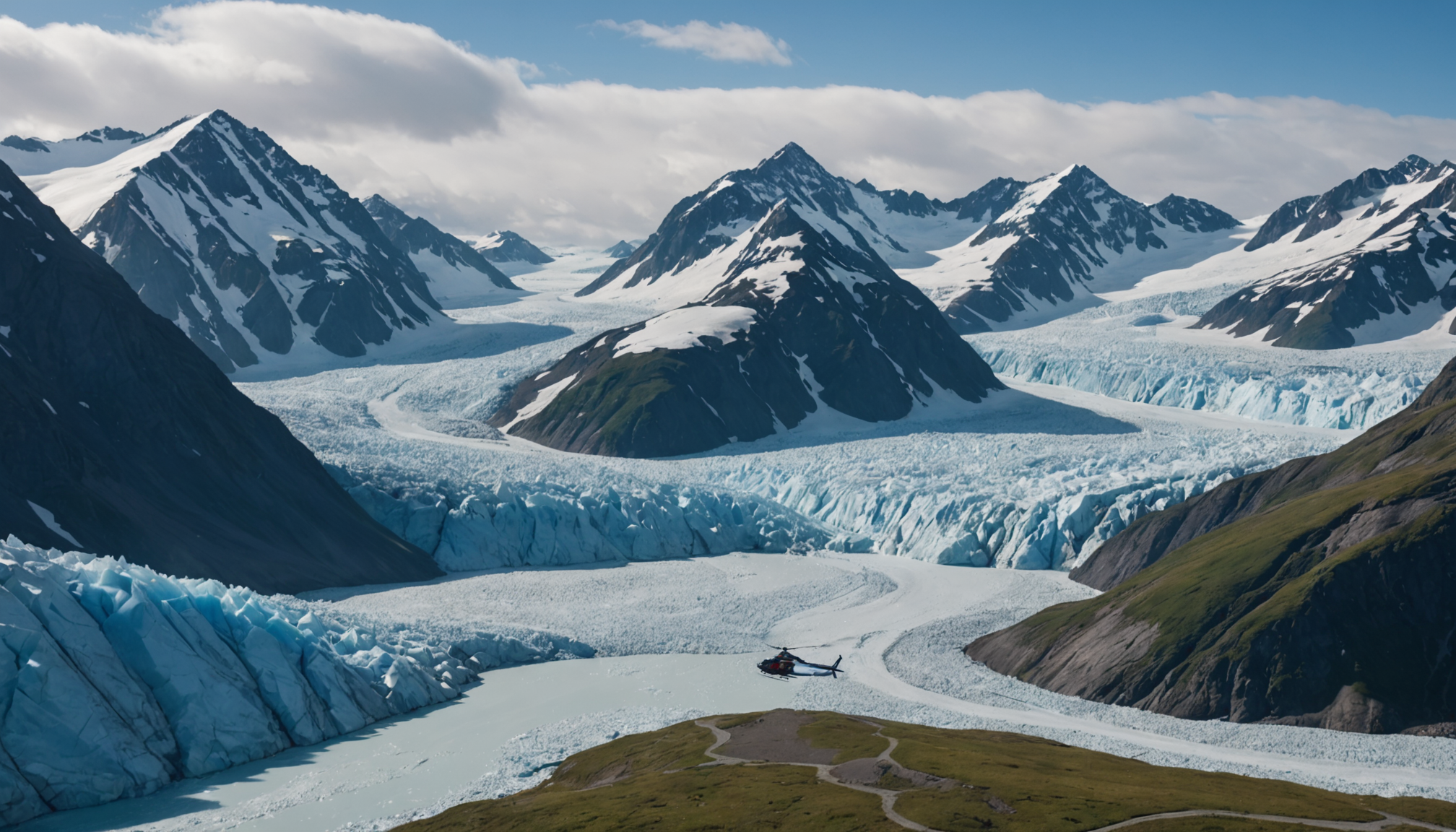 Helicopter flying over Knik Glacier with passengers
