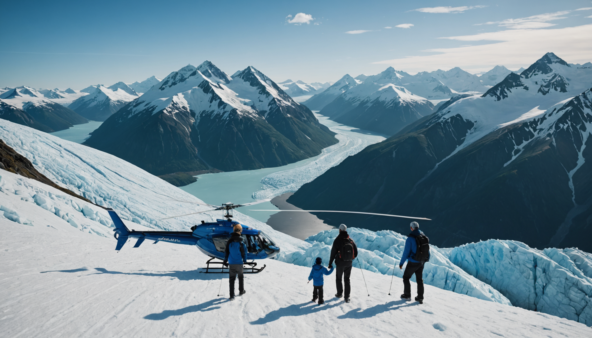 Family enjoying a helicopter tour over the Alaskan wilderness
