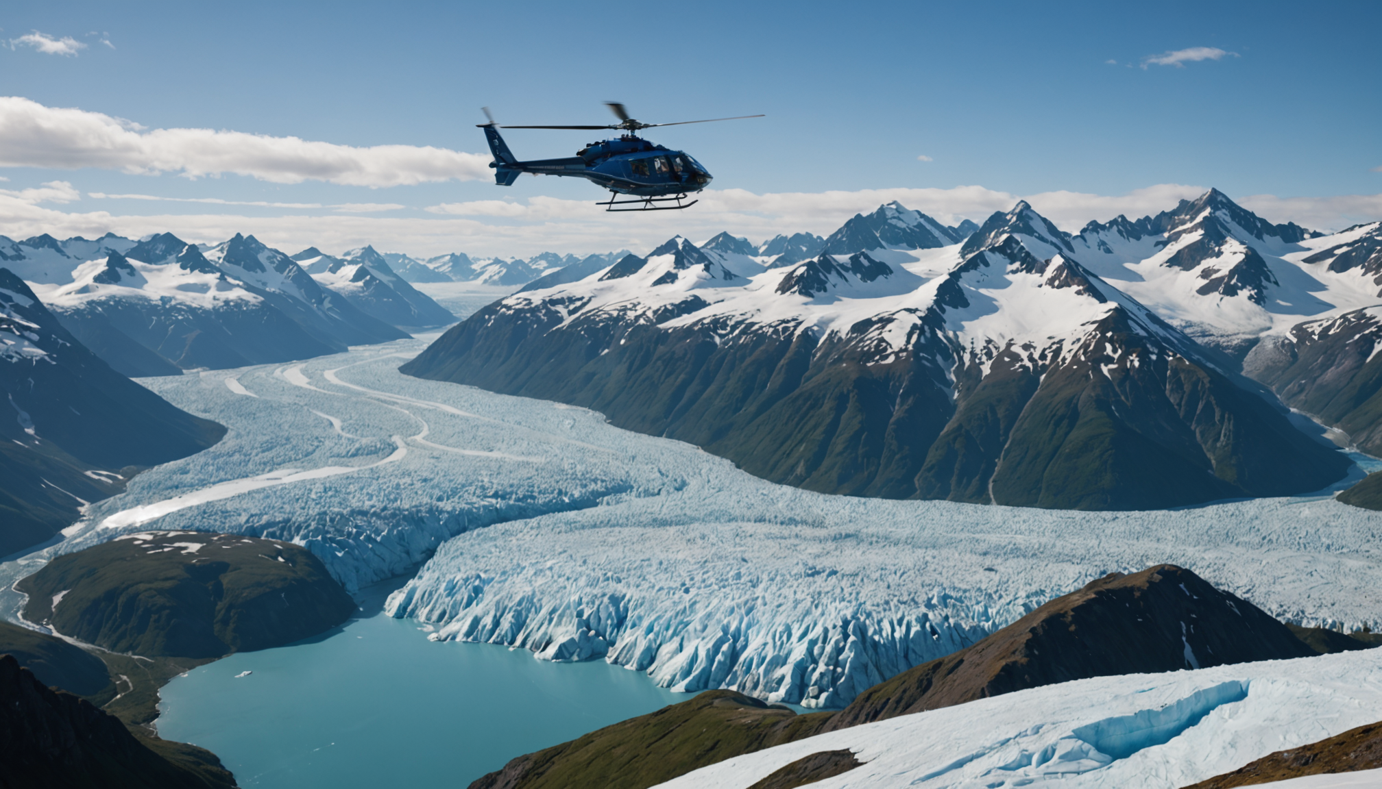 Helicopter flying over the rugged Alaskan terrain with a family on board