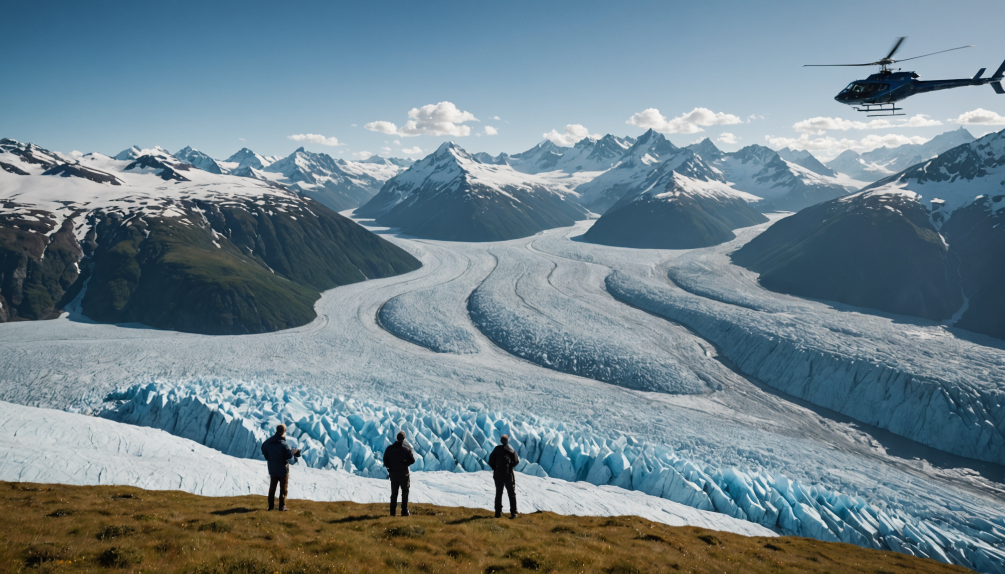 Tourists taking photos from a helicopter over Prince William Sound