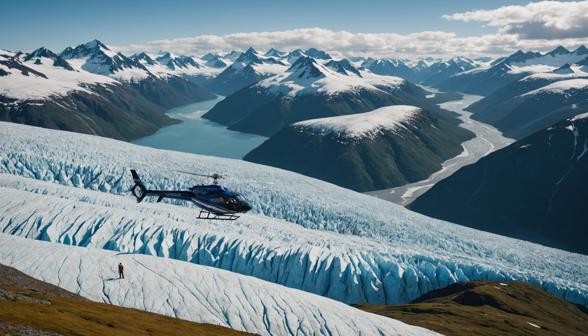 Tourists taking photos from a helicopter over the Chugach Mountains