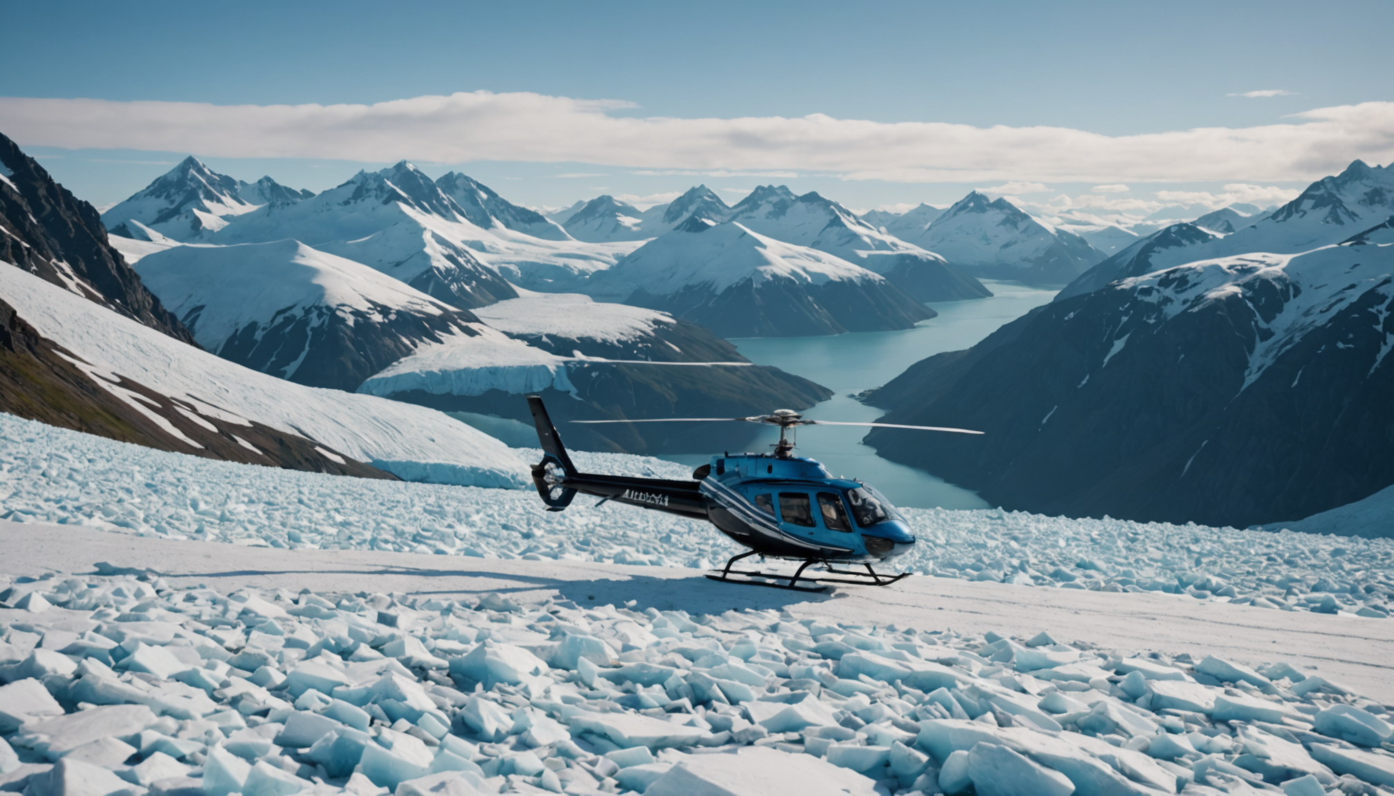 Helicopter landing on a glacier with mountains in the background