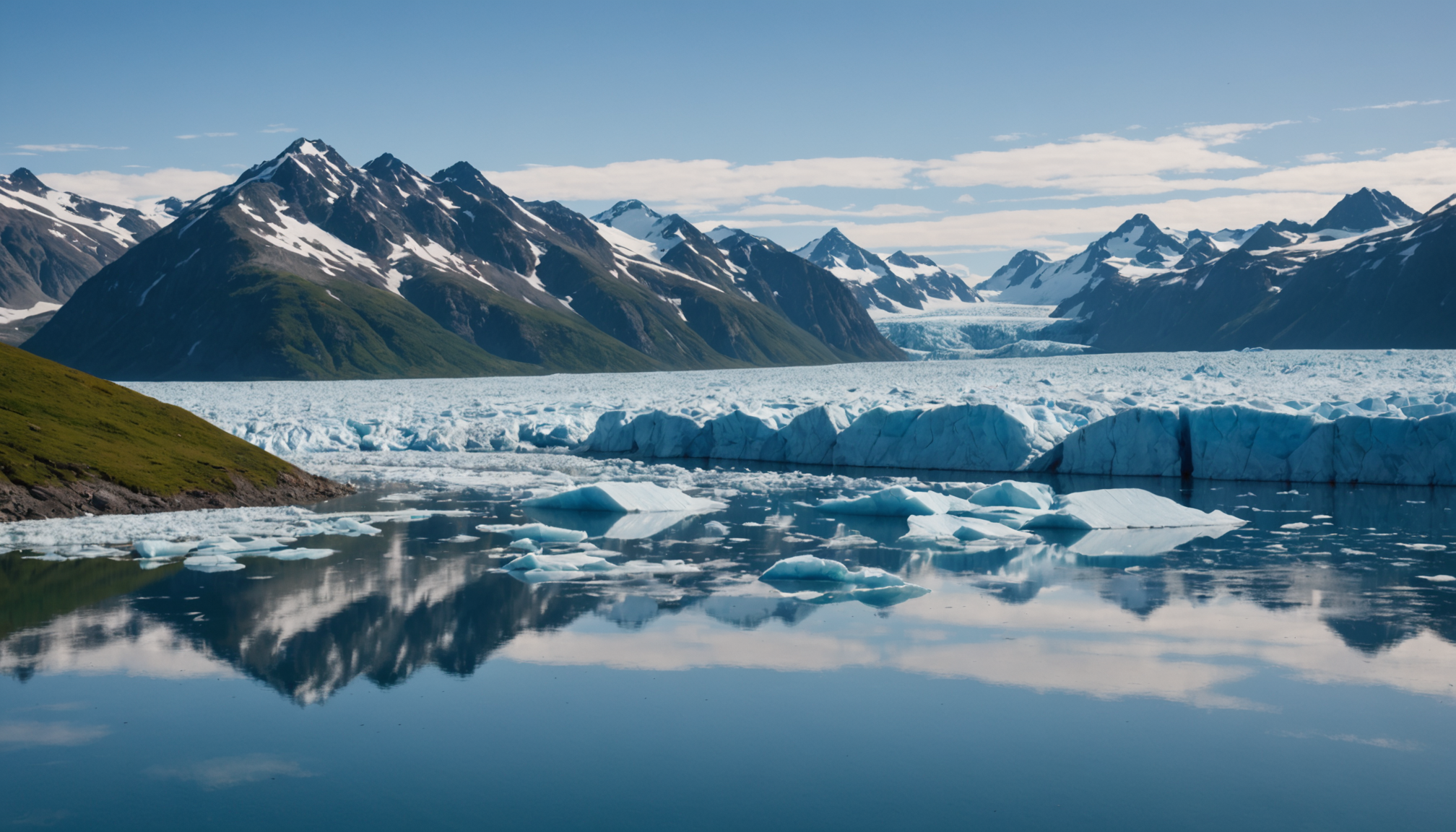 View from a small-ship cruise along the Inside Passage with snow-capped mountains in the background