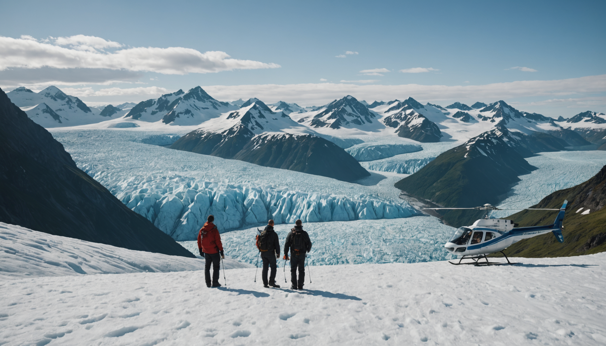 Group of travelers preparing for a helicopter tour in Alaska