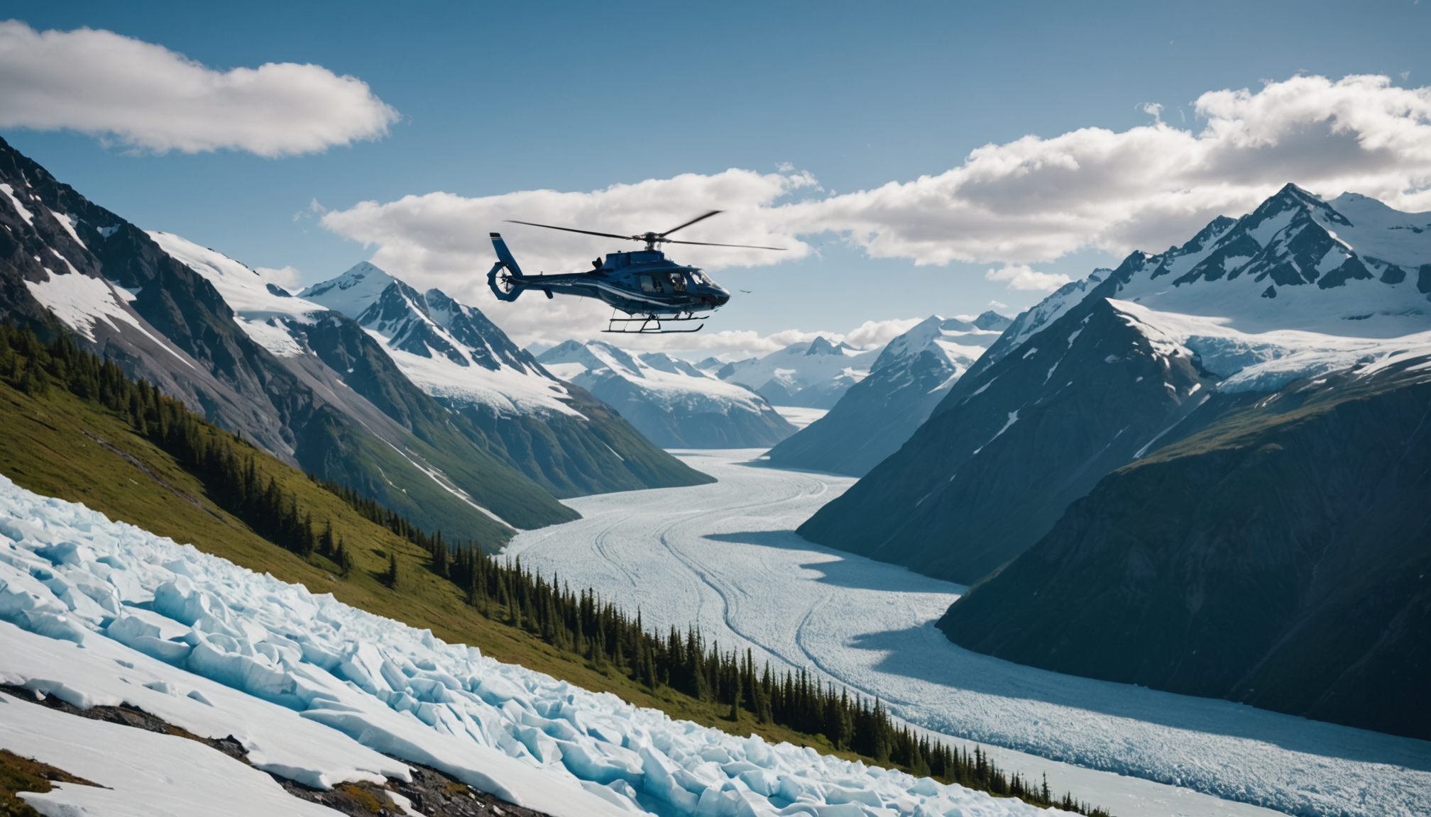 A helicopter flying over the majestic landscapes of Alaska