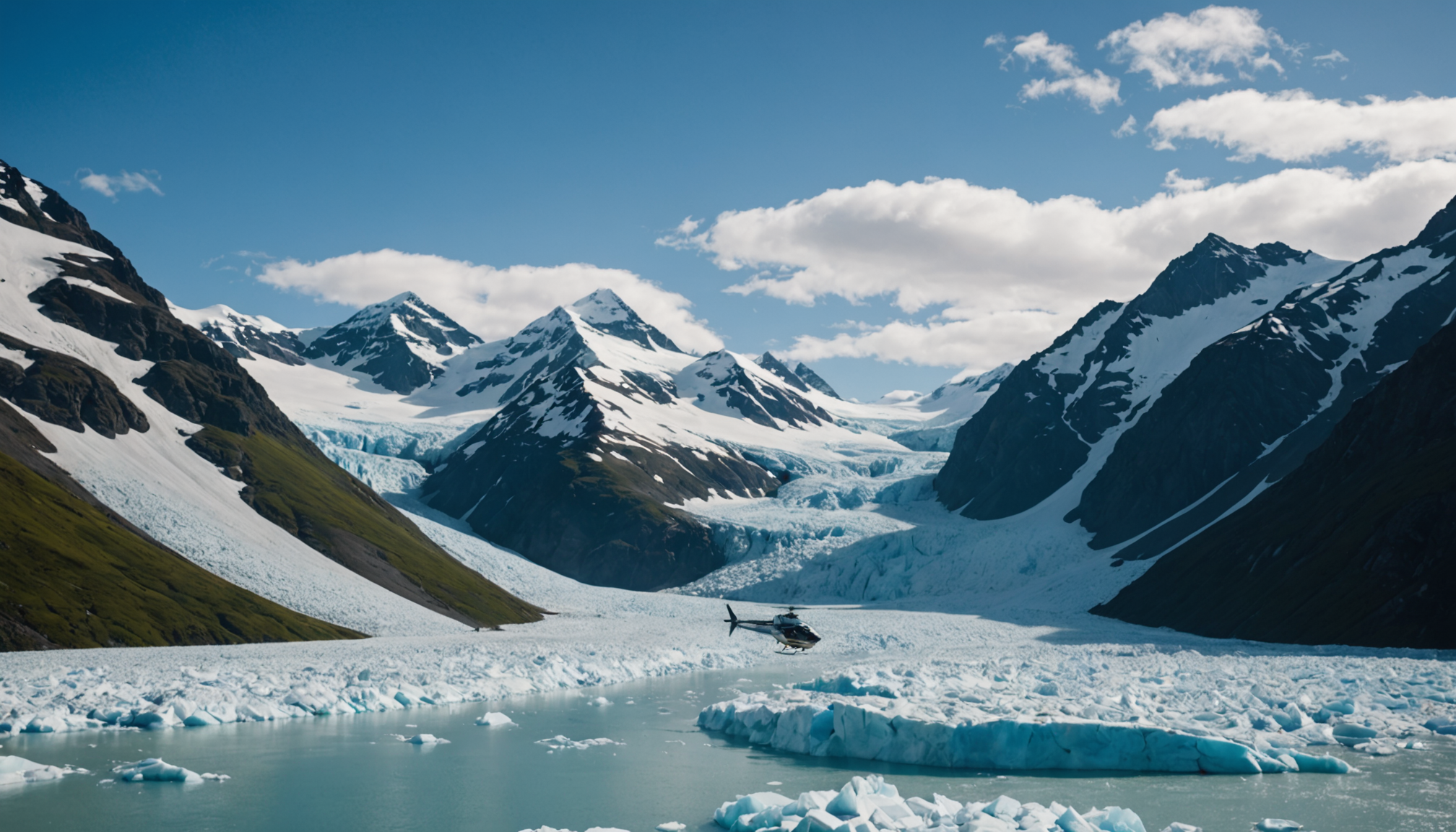 Helicopter landing near a glacier in Alaska