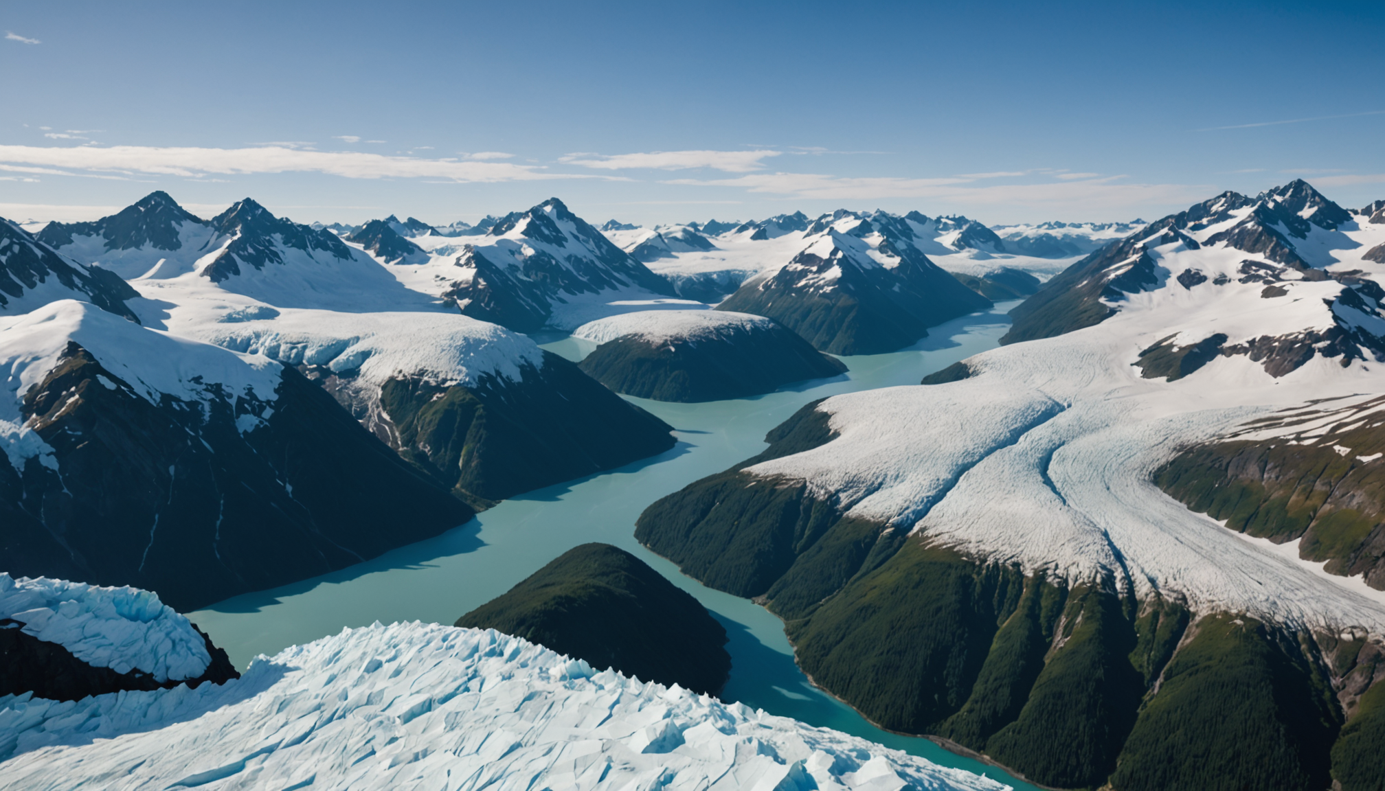 A helicopter view of the Inside Passage with glaciers and mountains