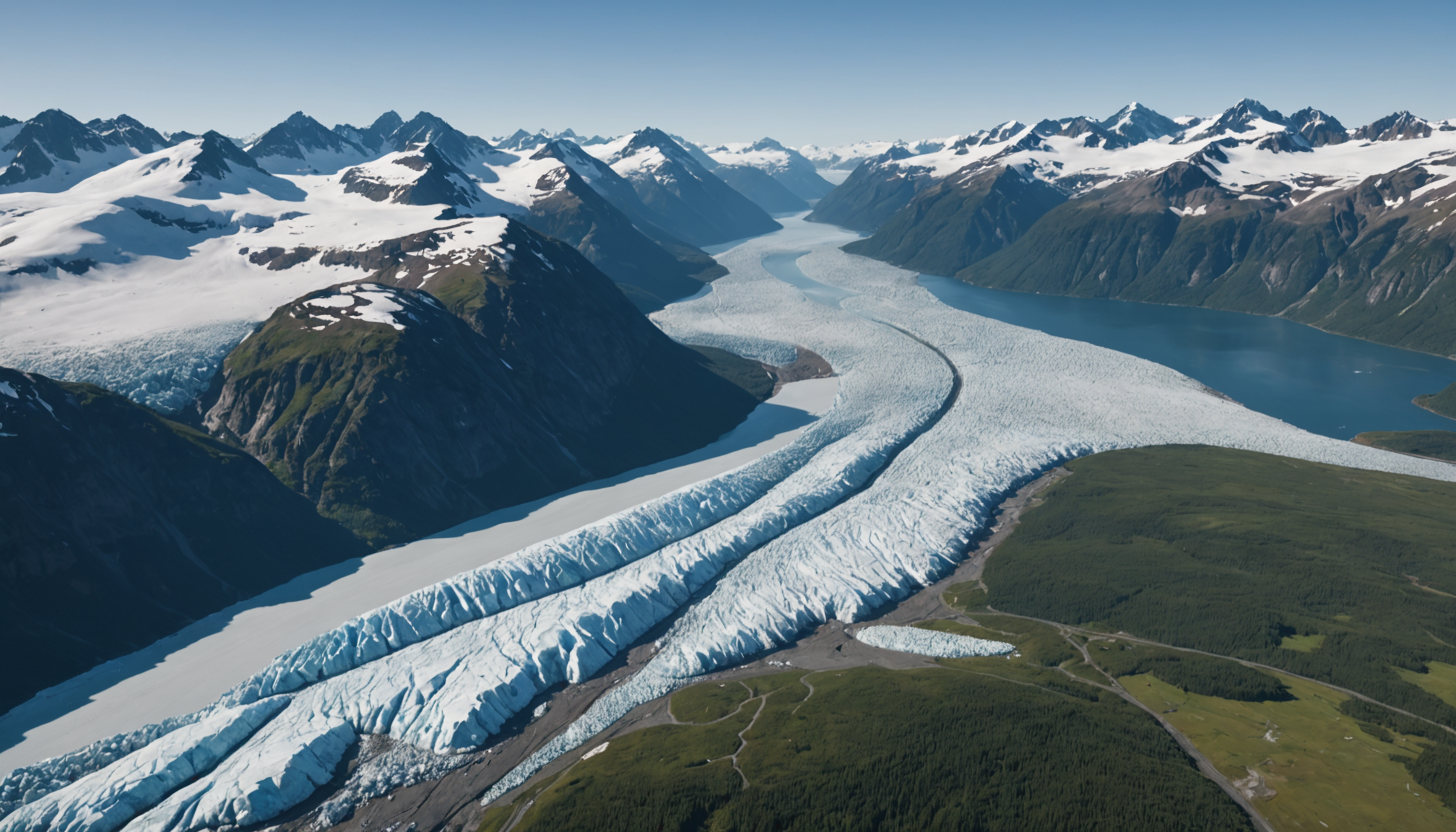 Aerial view of glaciers and fjords in the Inside Passage