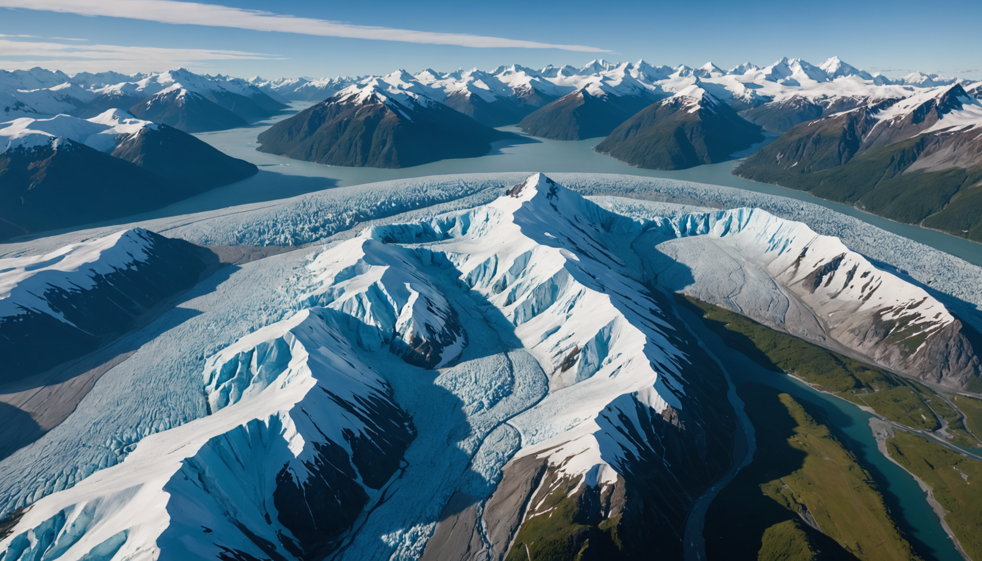 Aerial view of Knik Glacier with helicopter in foreground