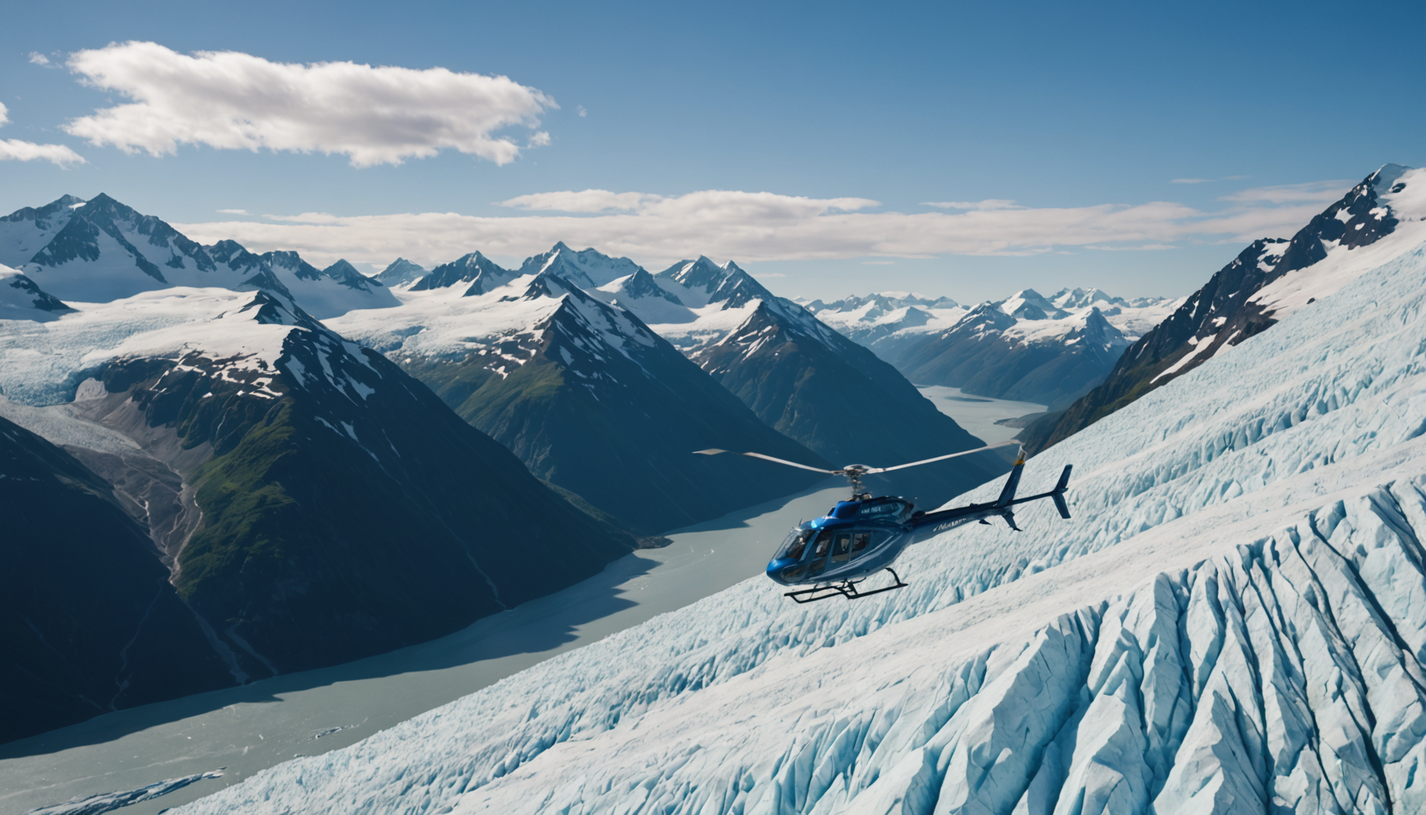 A helicopter flying over Knik Glacier, showcasing the stunning Alaskan landscape