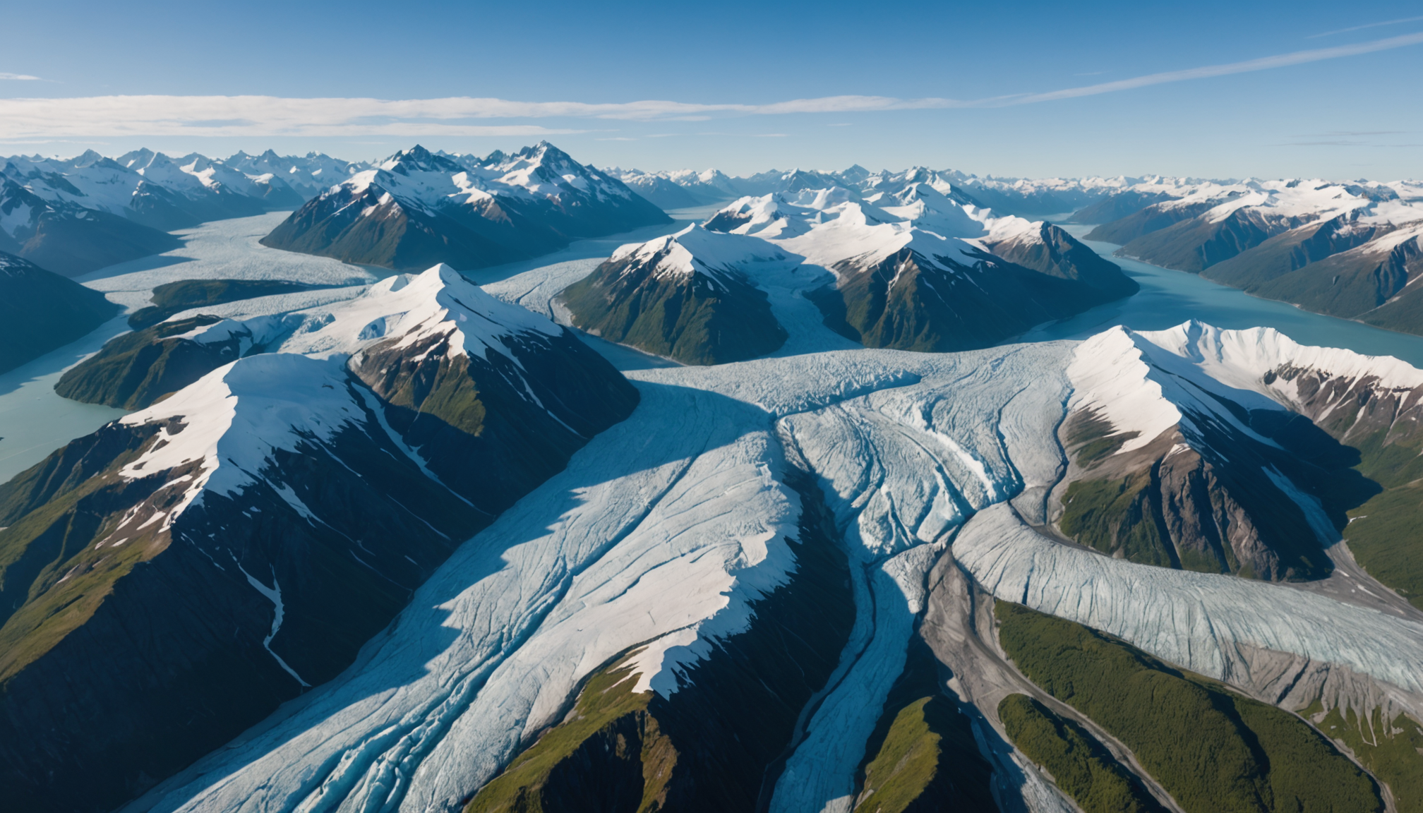 Aerial view of Knik Glacier with a helicopter in the foreground