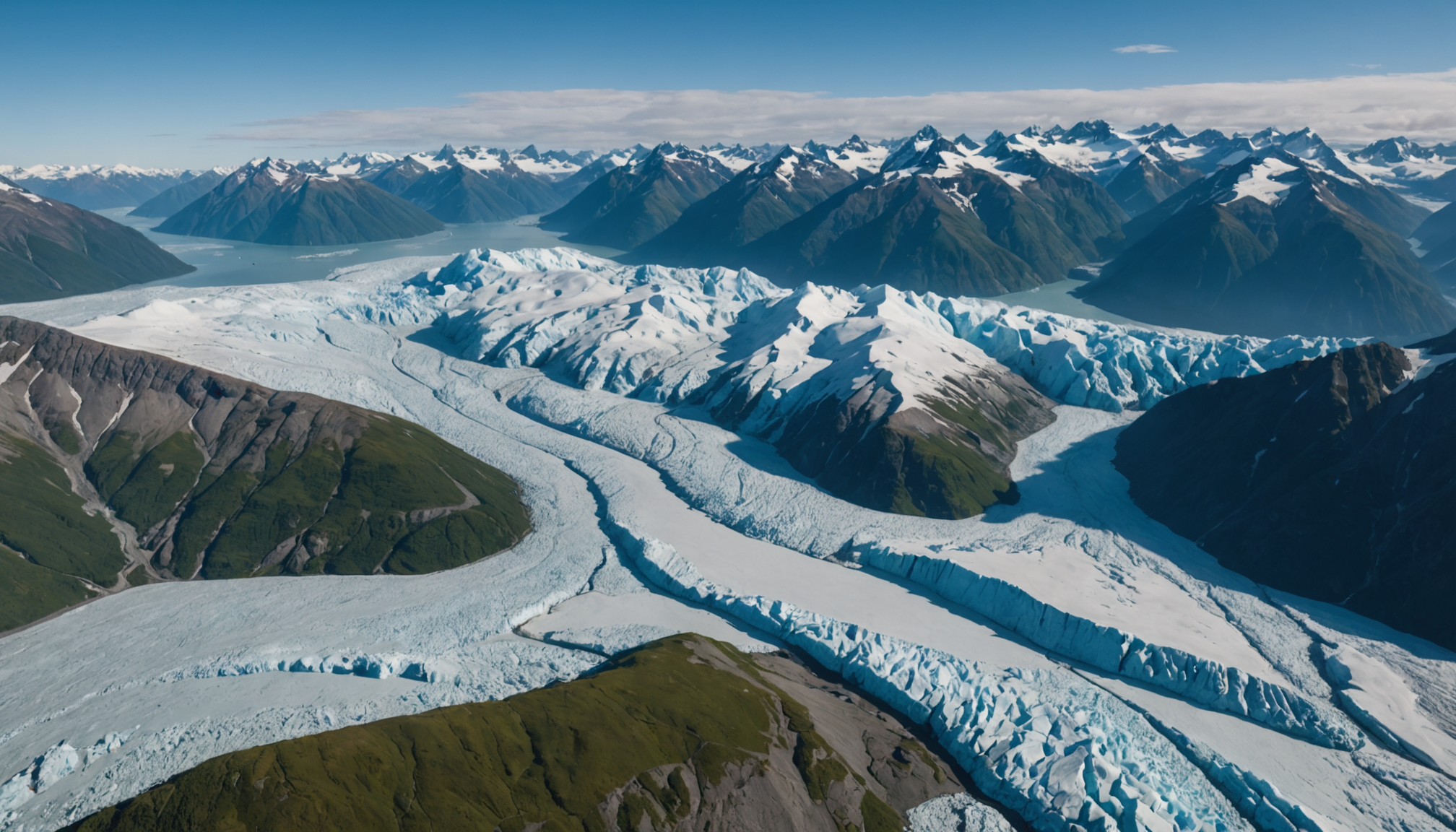 Aerial view of Knik Glacier with a helicopter in the foreground