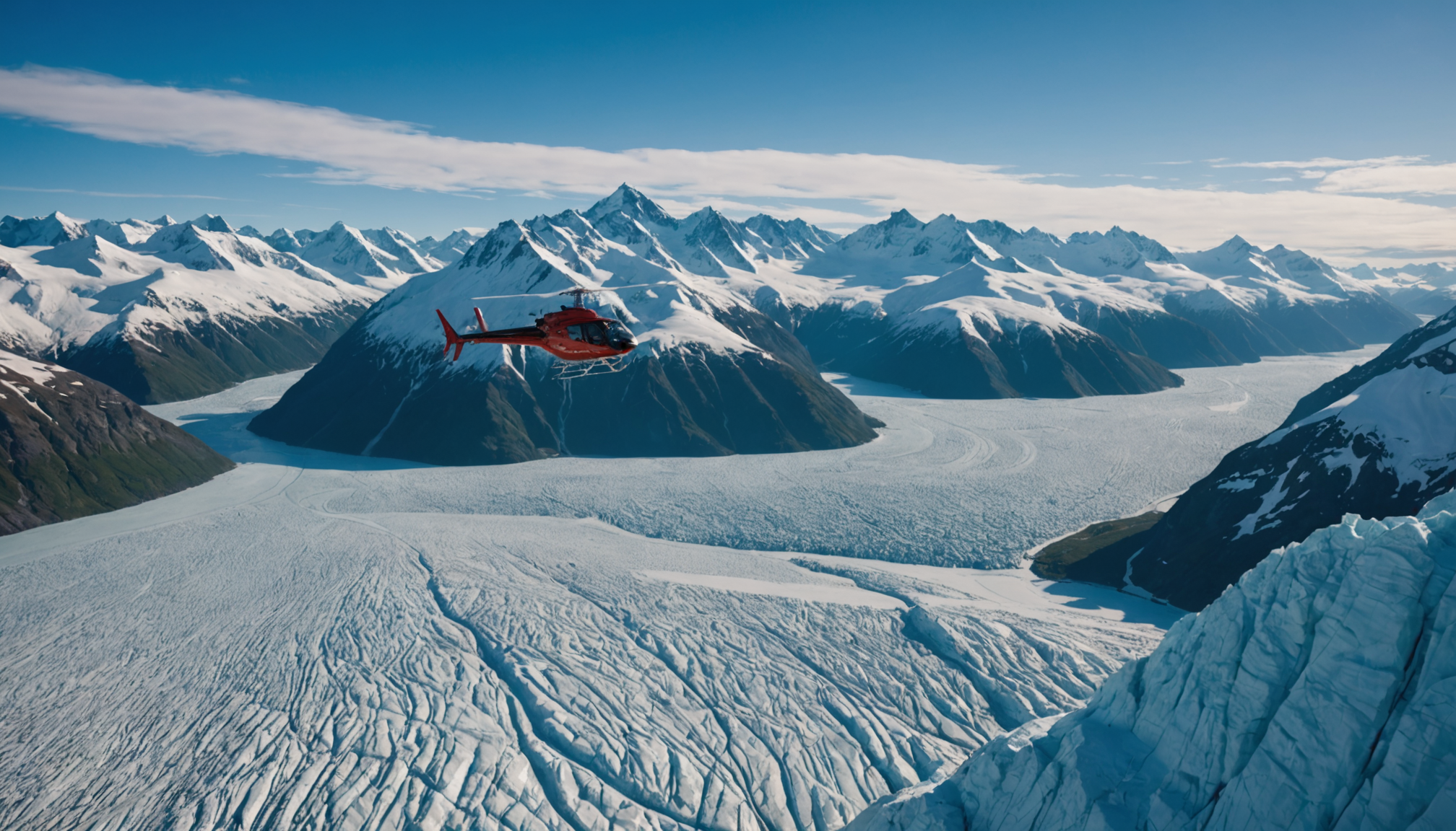 Helicopter flying over Knik Glacier