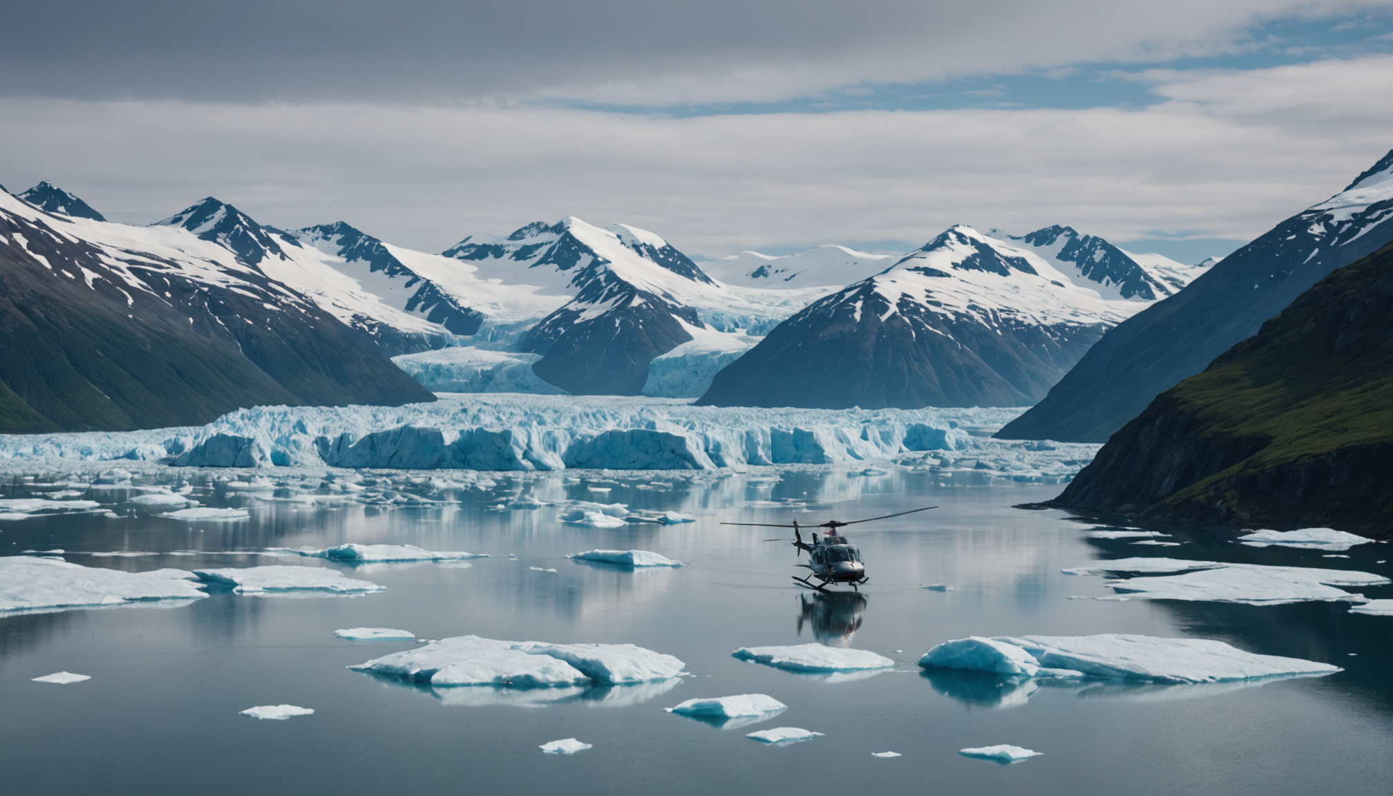 A small ship navigating through Prince William Sound with glaciers in the background.