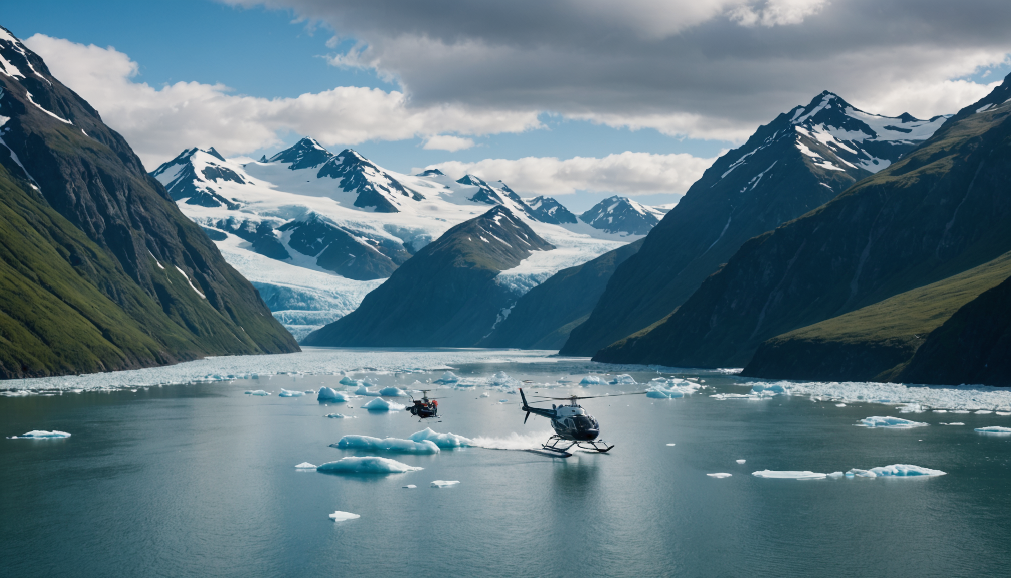 Alaska small cruise ship navigating a fjord