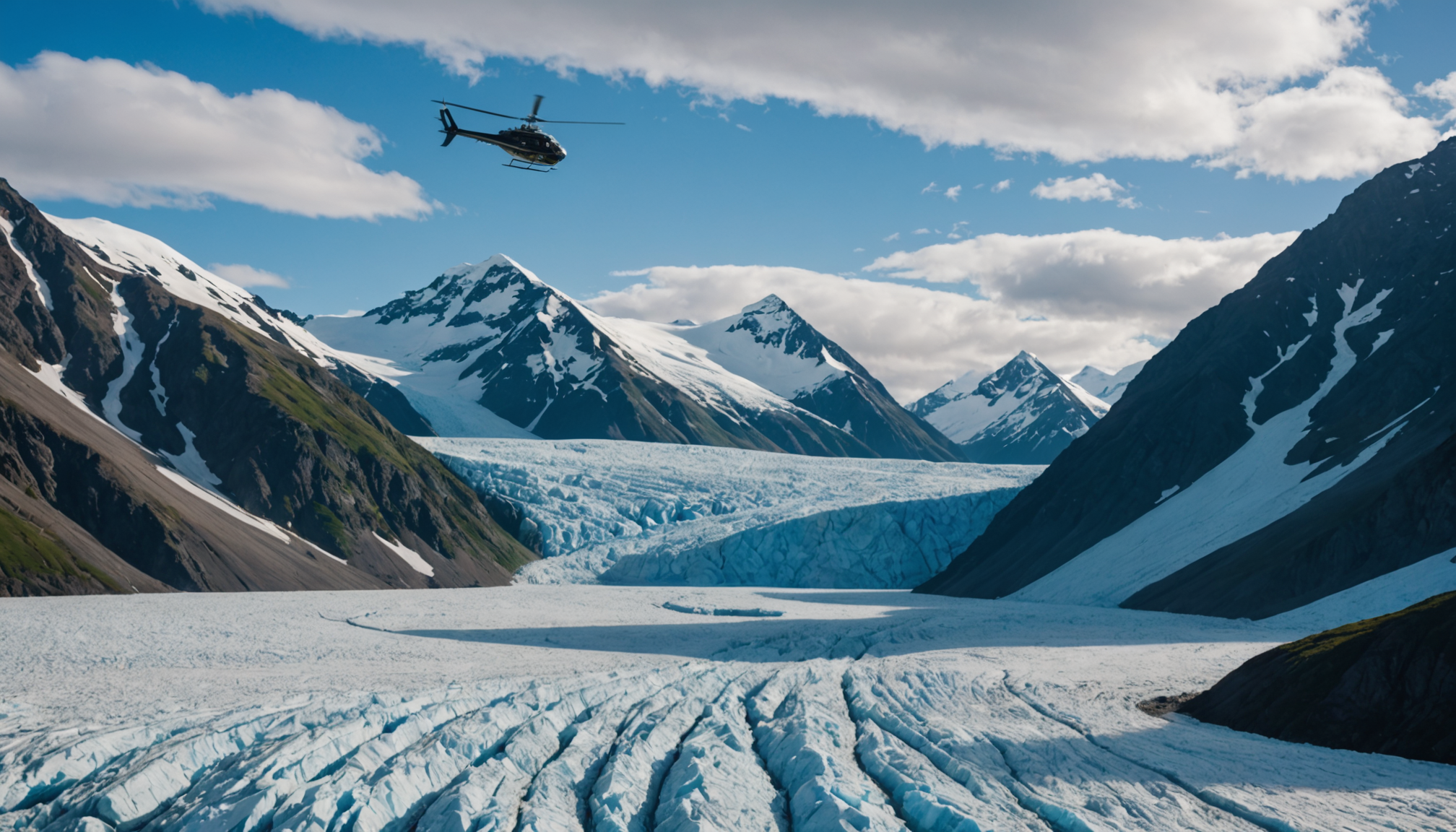 Helicopter flying over Knik Glacier