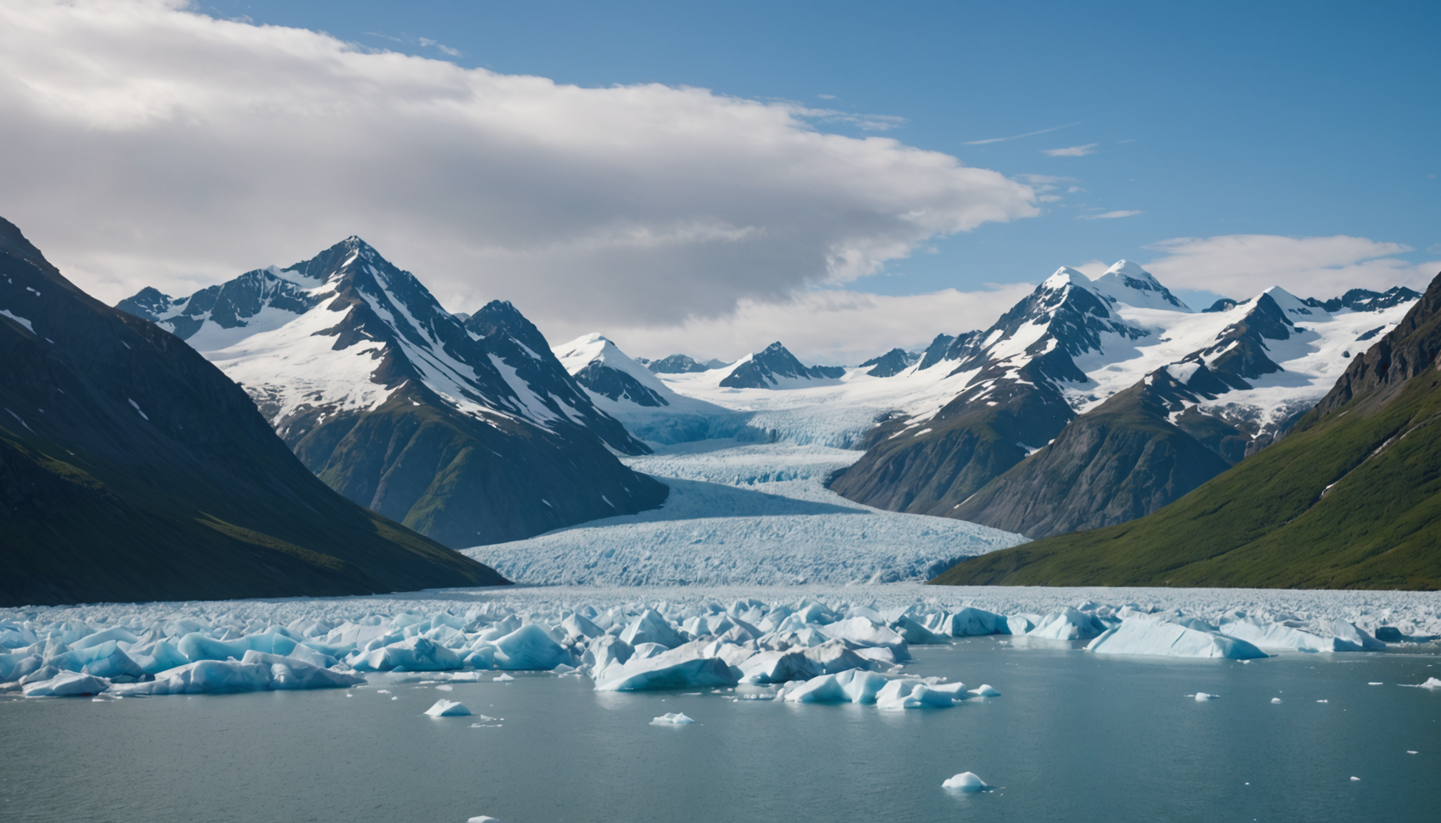 Alaska glacier with a small ship cruising nearby