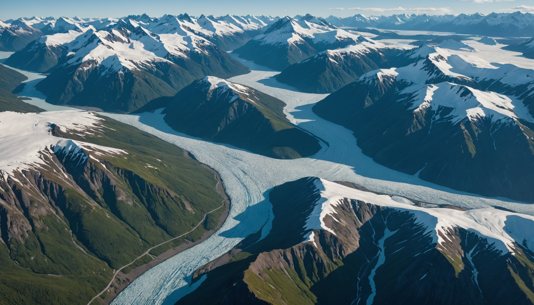 An aerial view of the Knik Glacier under the Alaskan sun