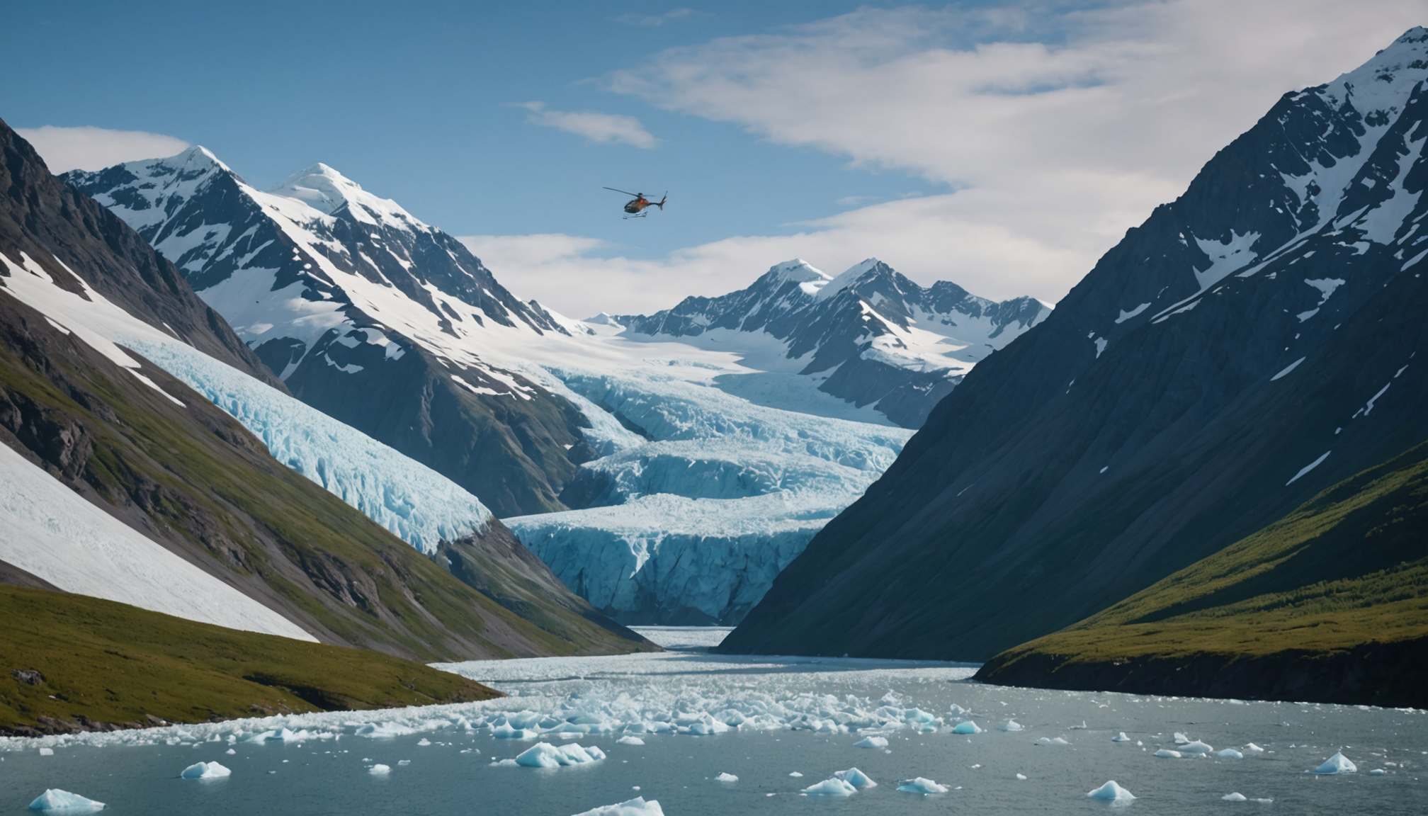 Helicopter flying over Prince William Sound