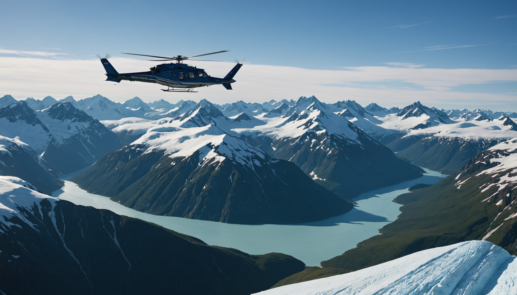 Helicopter flying over Alaskan mountains