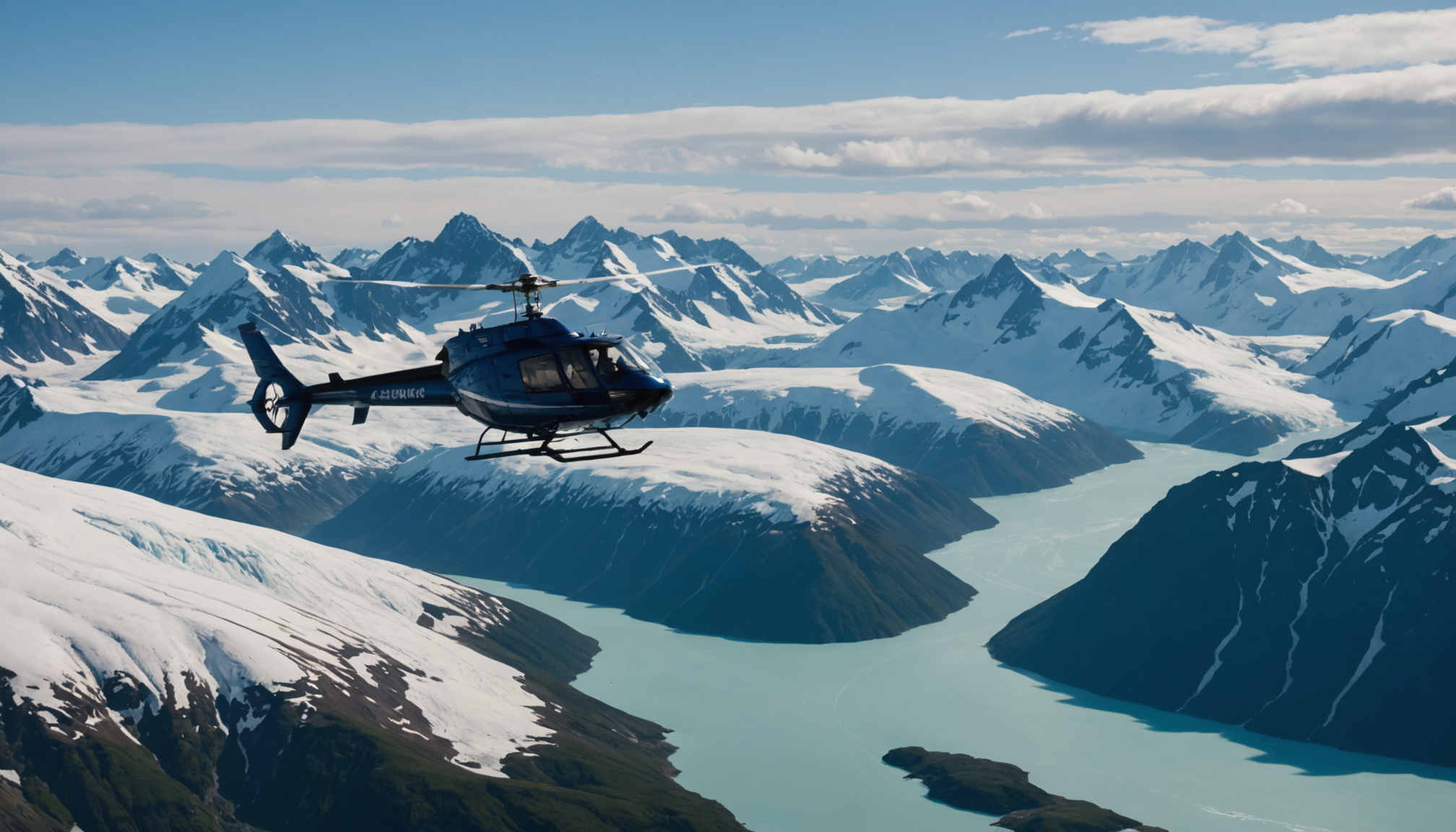 Helicopter flying over Prince William Sound