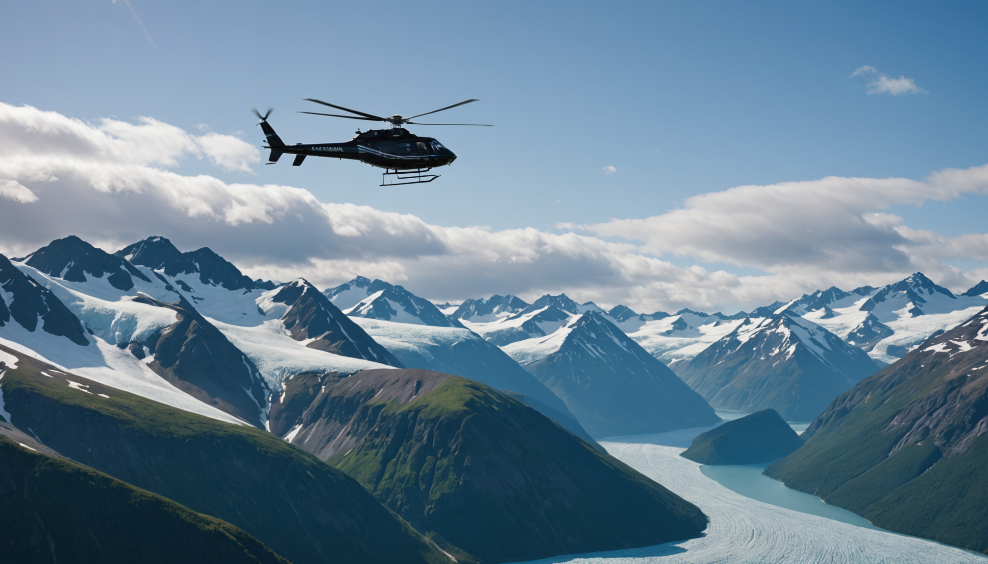 Helicopter flying over the Chugach Mountains with snow-capped peaks in the background