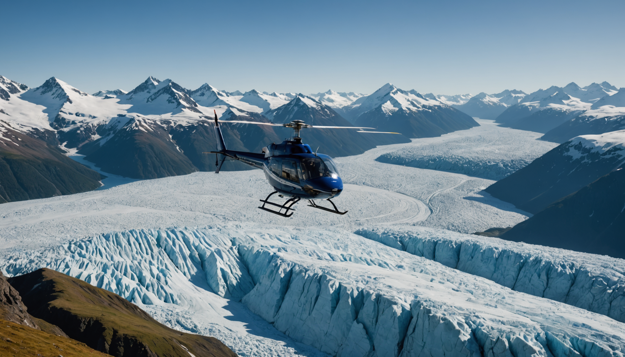Helicopter flying over Alaskan mountains and glaciers