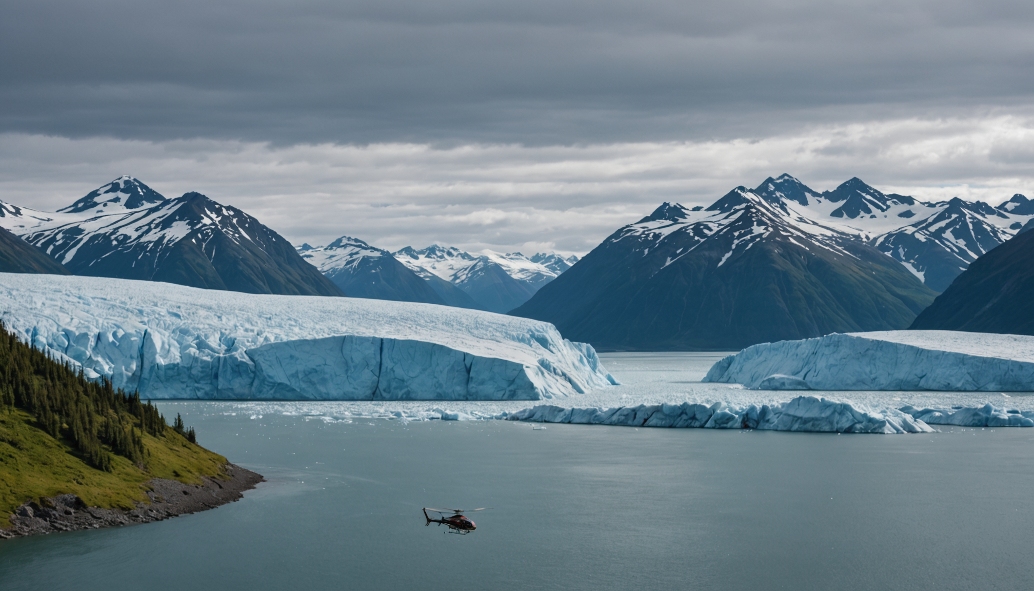 Small ship cruising near Alaska's rugged coastline