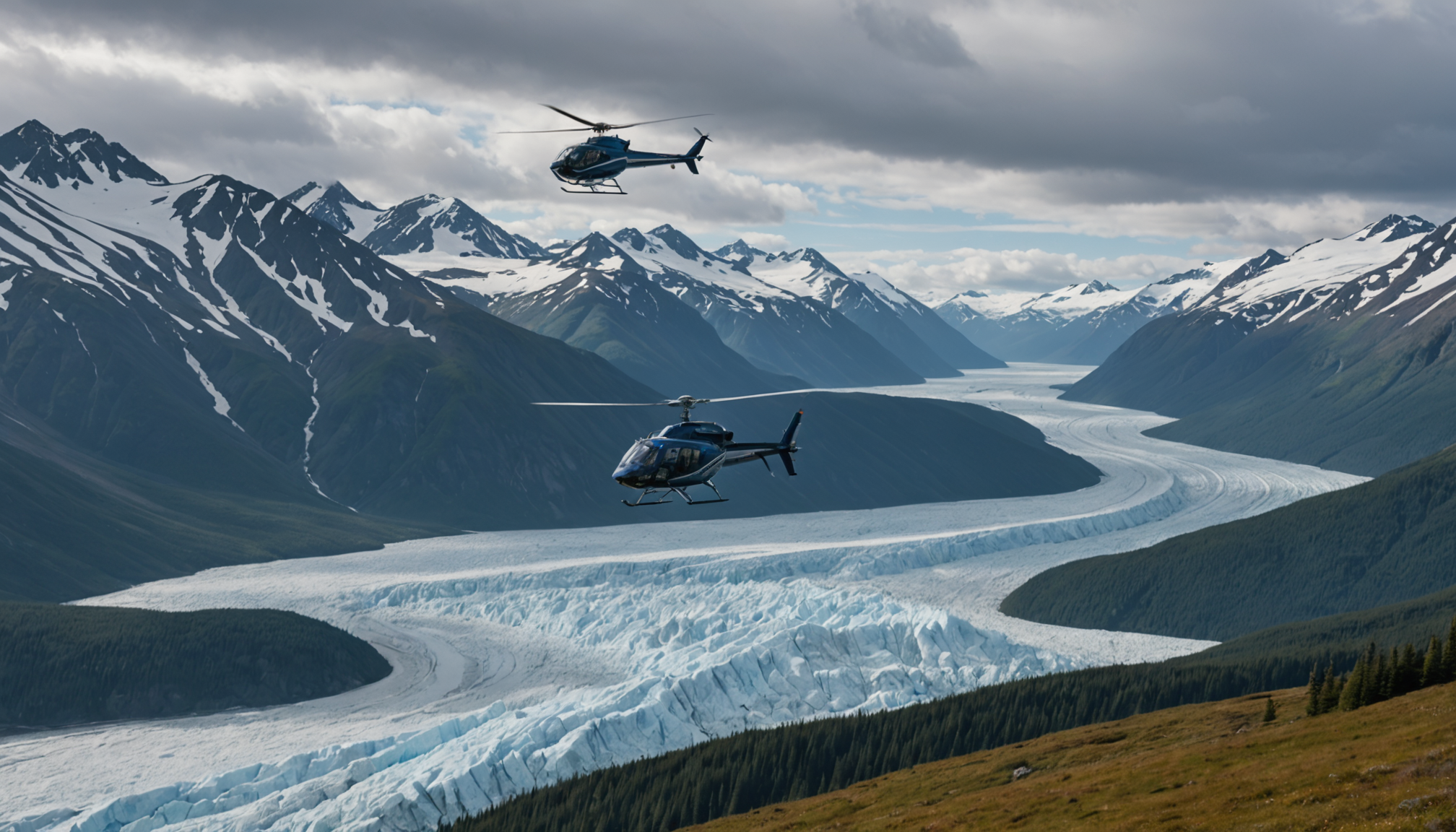A helicopter flying over the Knik Glacier, capturing Alaska's stunning landscape