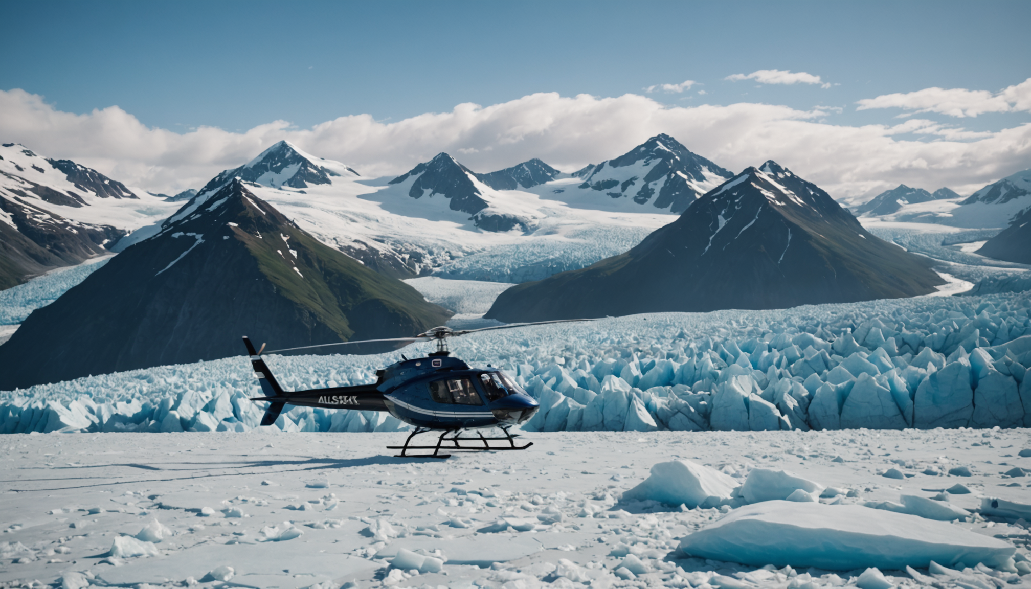Helicopter landing on a glacier with passengers disembarking