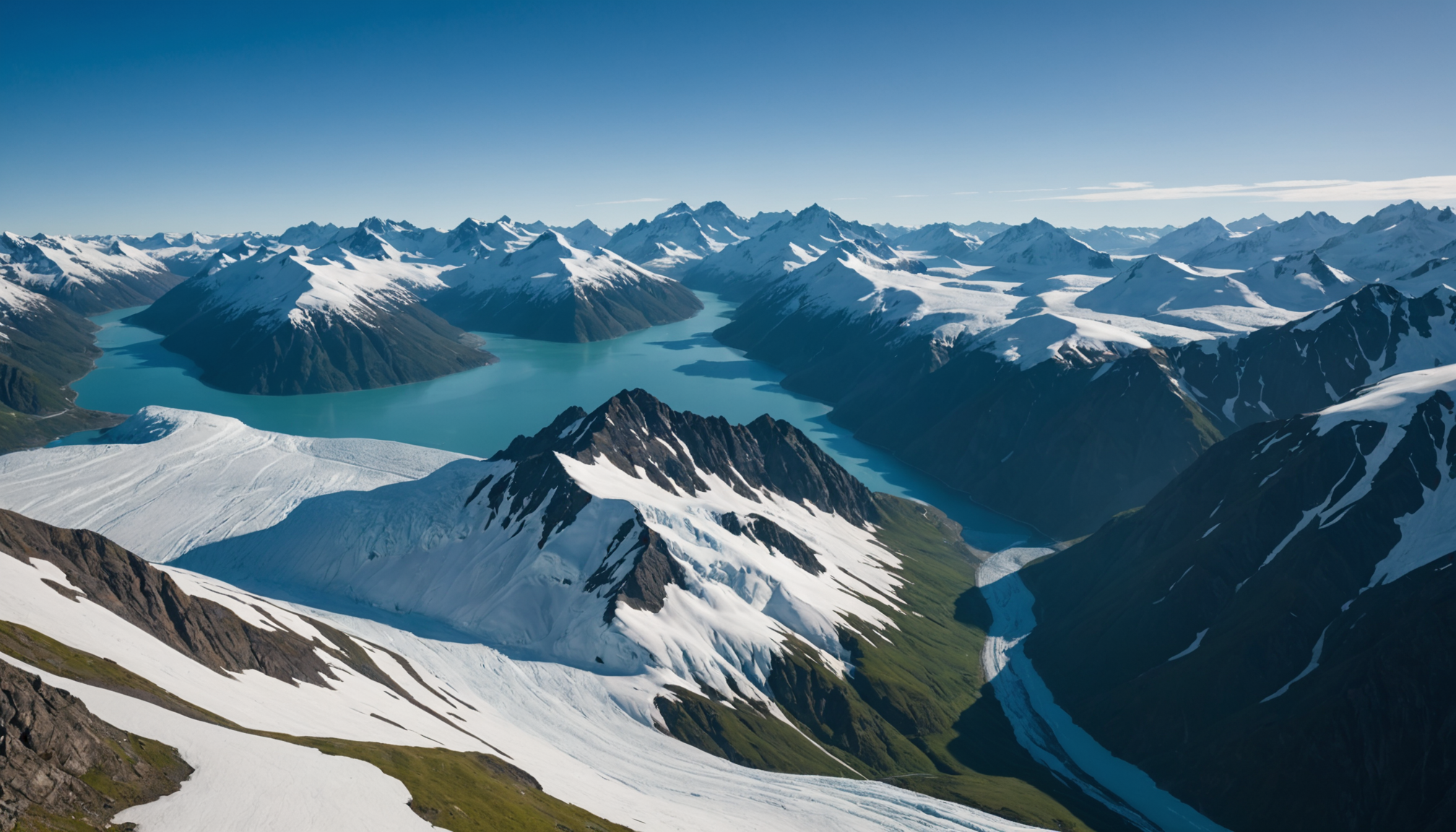 Helicopter view of the Chugach Mountains during sunset.