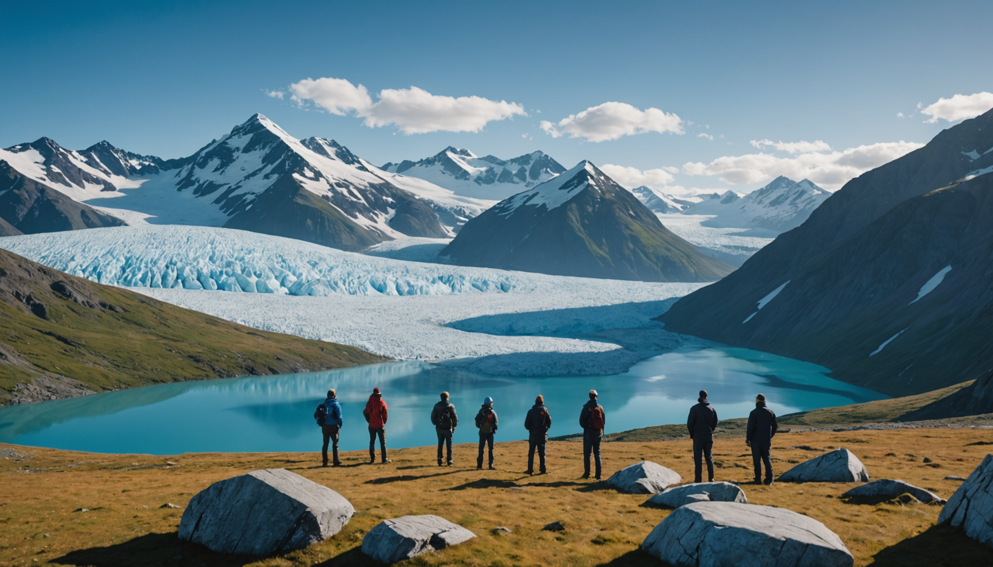 A group of adults enjoying a scenic helicopter tour over Chugach Mountains