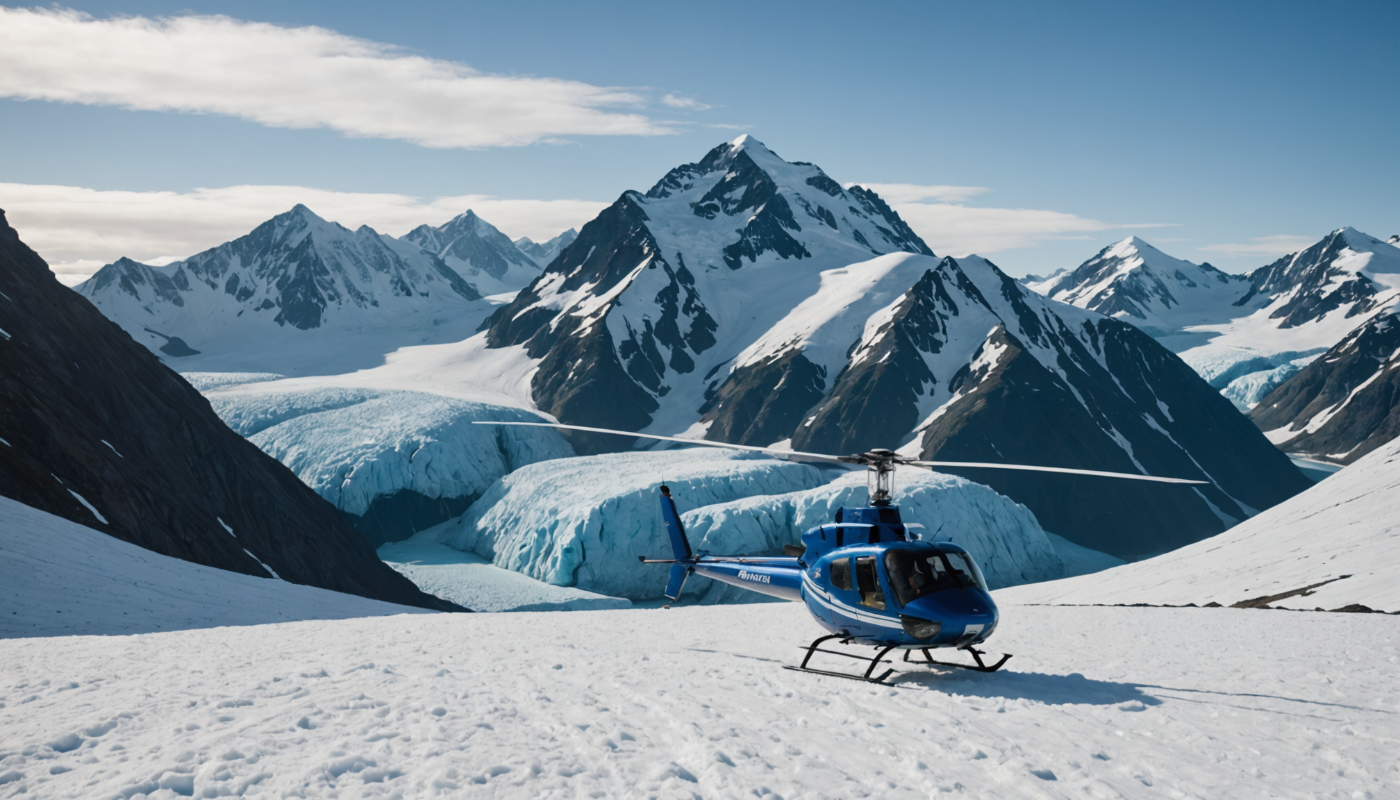 Helicopter landing on a snow-covered peak in the Chugach Mountains
