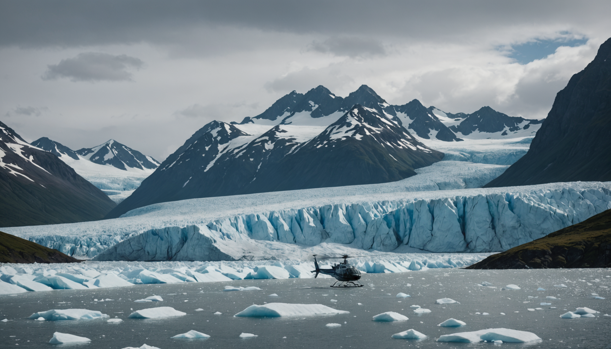Helicopter landing near a glacier in the Mat-Su Valley
