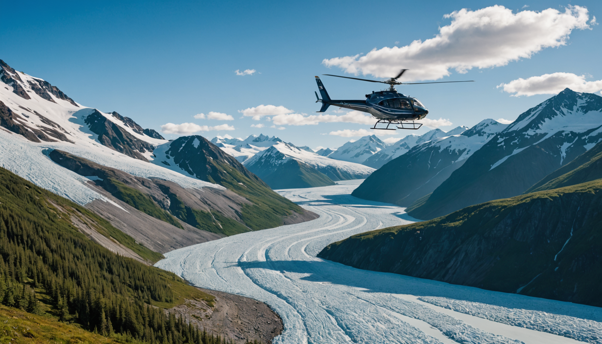Helicopter flying over the Chugach Mountains