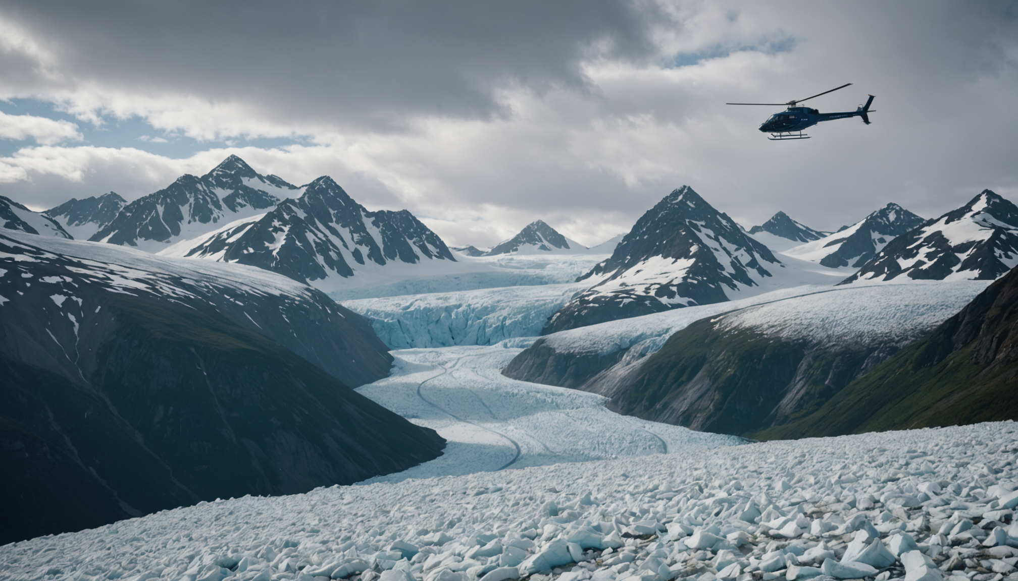 A helicopter hovering over the Matanuska Glacier