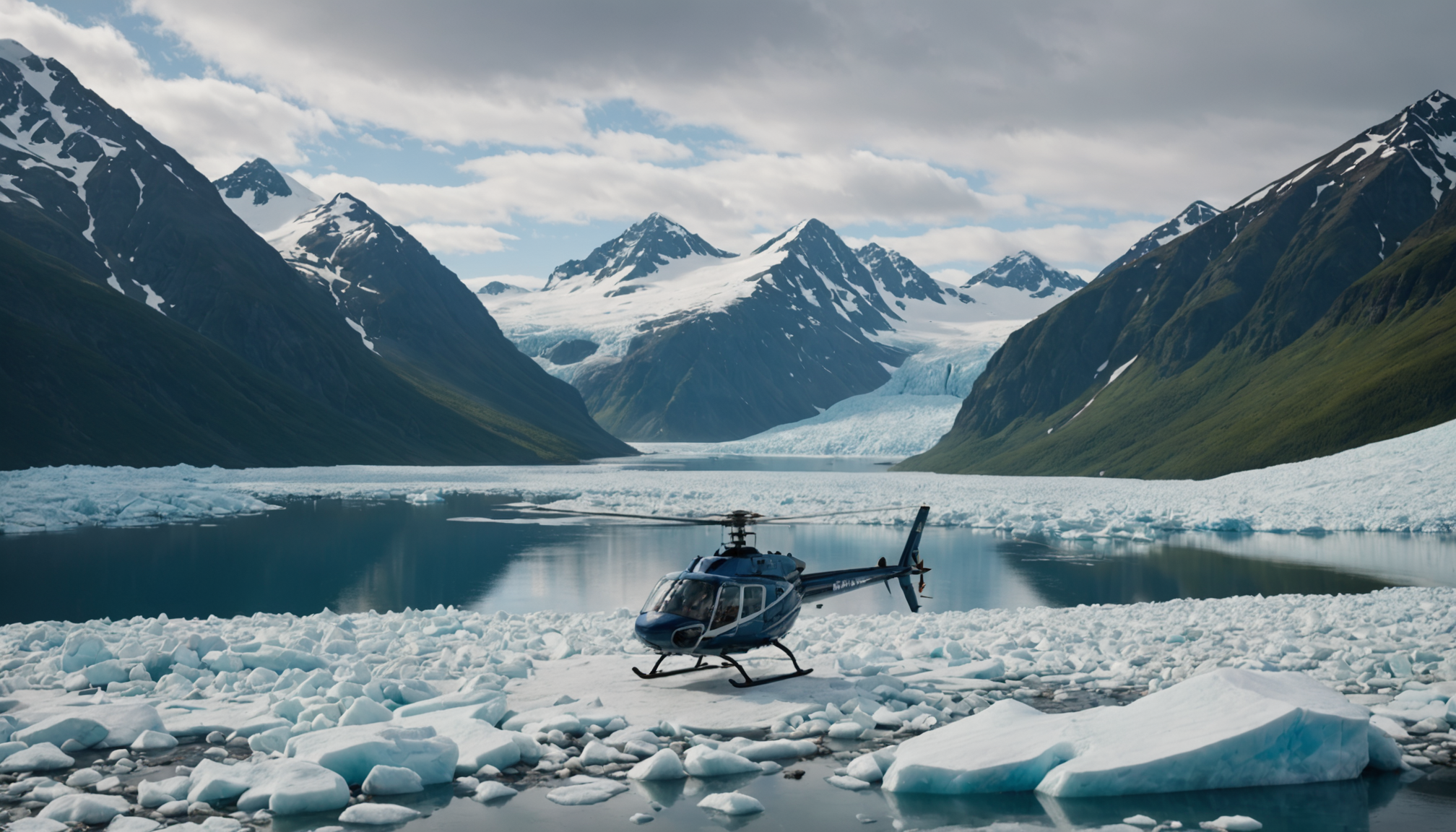 Helicopter landing near Prince William Sound with Alaskan mountains in the background