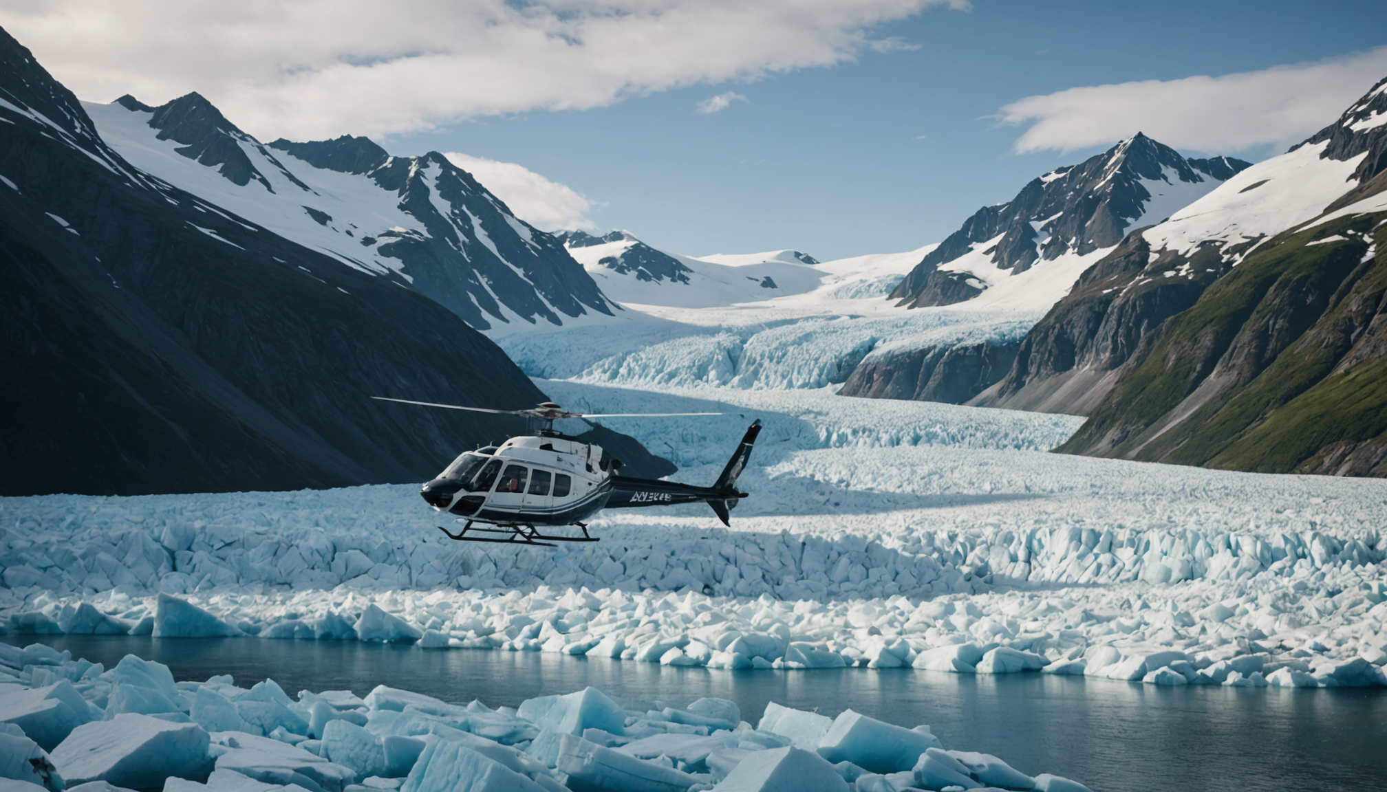 Helicopter landing on a glacier with the Chugach Mountains in the background