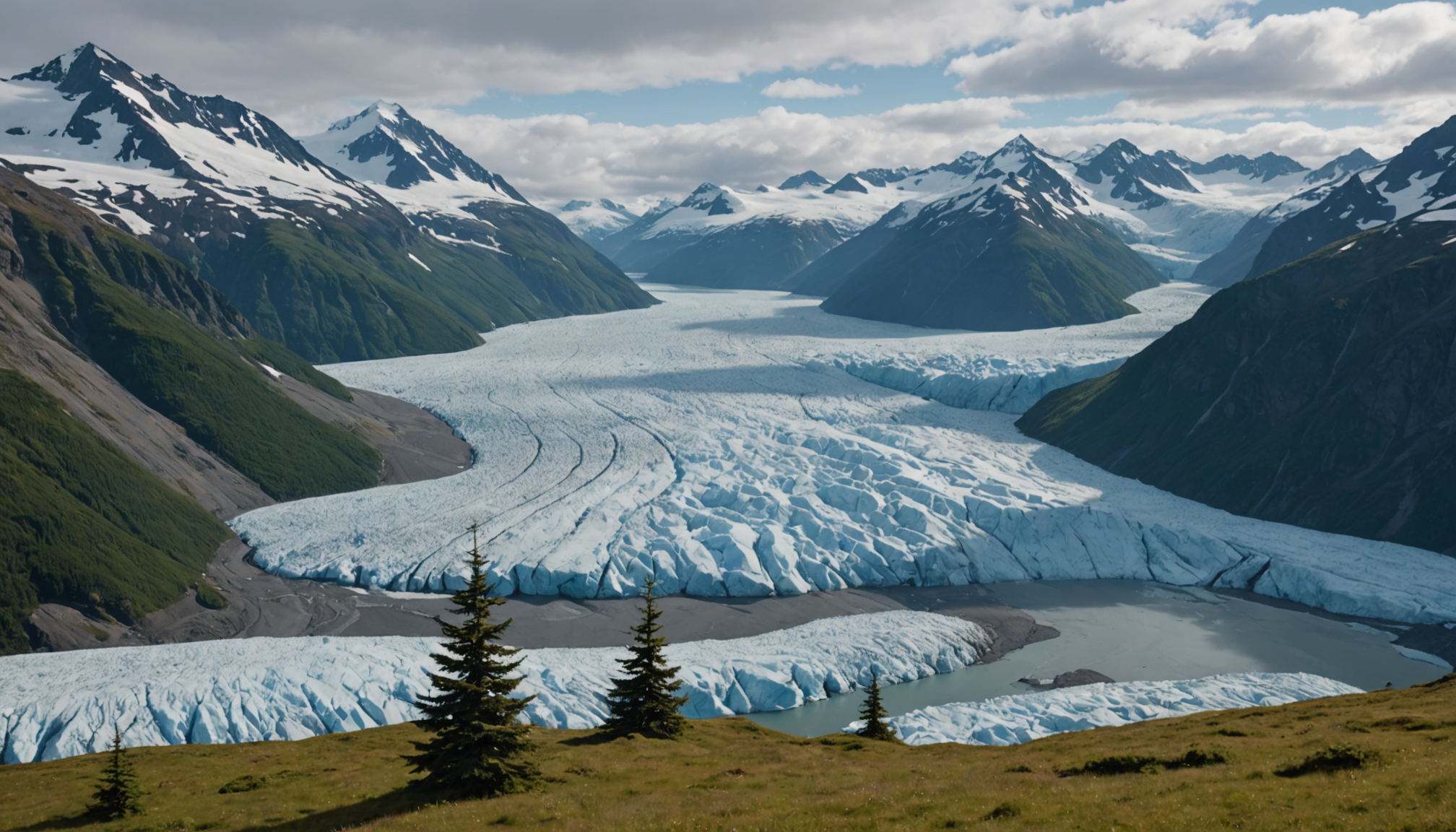 Mendenhall Glacier in the distance with a car in the foreground
