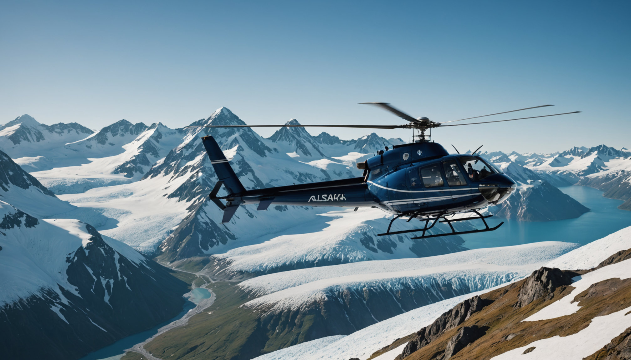 Helicopter landing on a snowy mountain peak in the Chugach Range