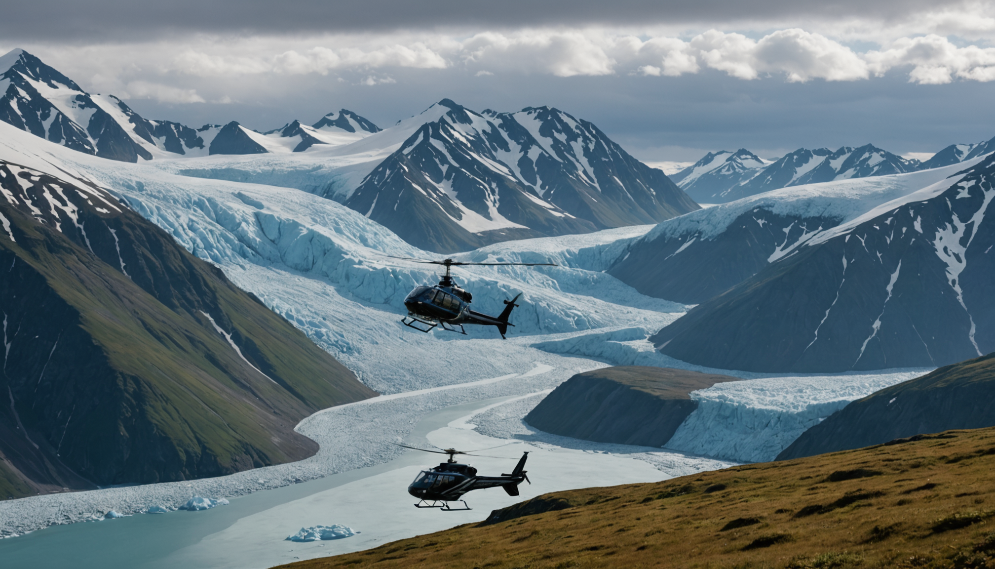 A helicopter flying over the Knik Glacier, capturing the vastness of the ice field.