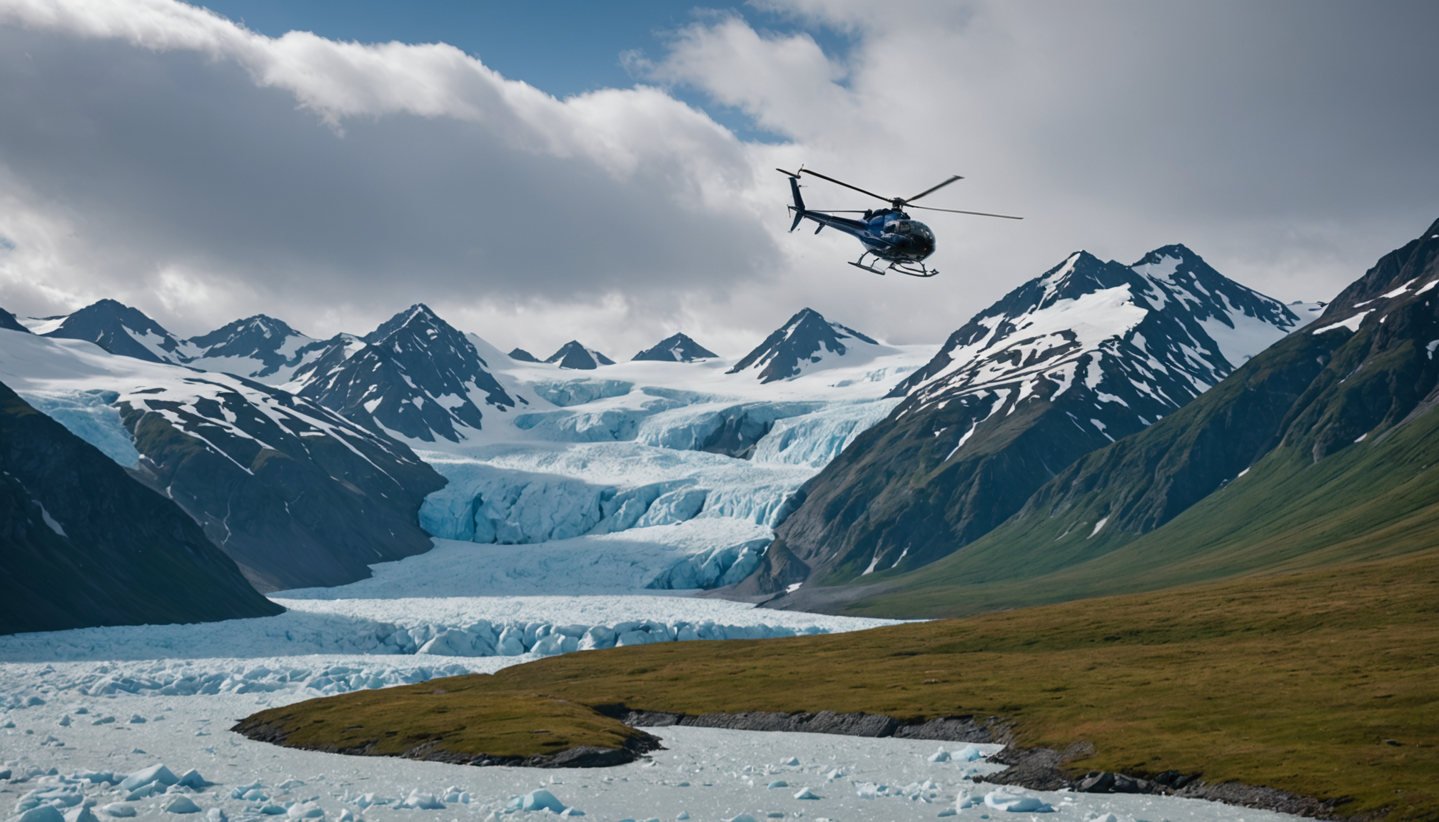 Helicopter landing near a glacier in Alaska