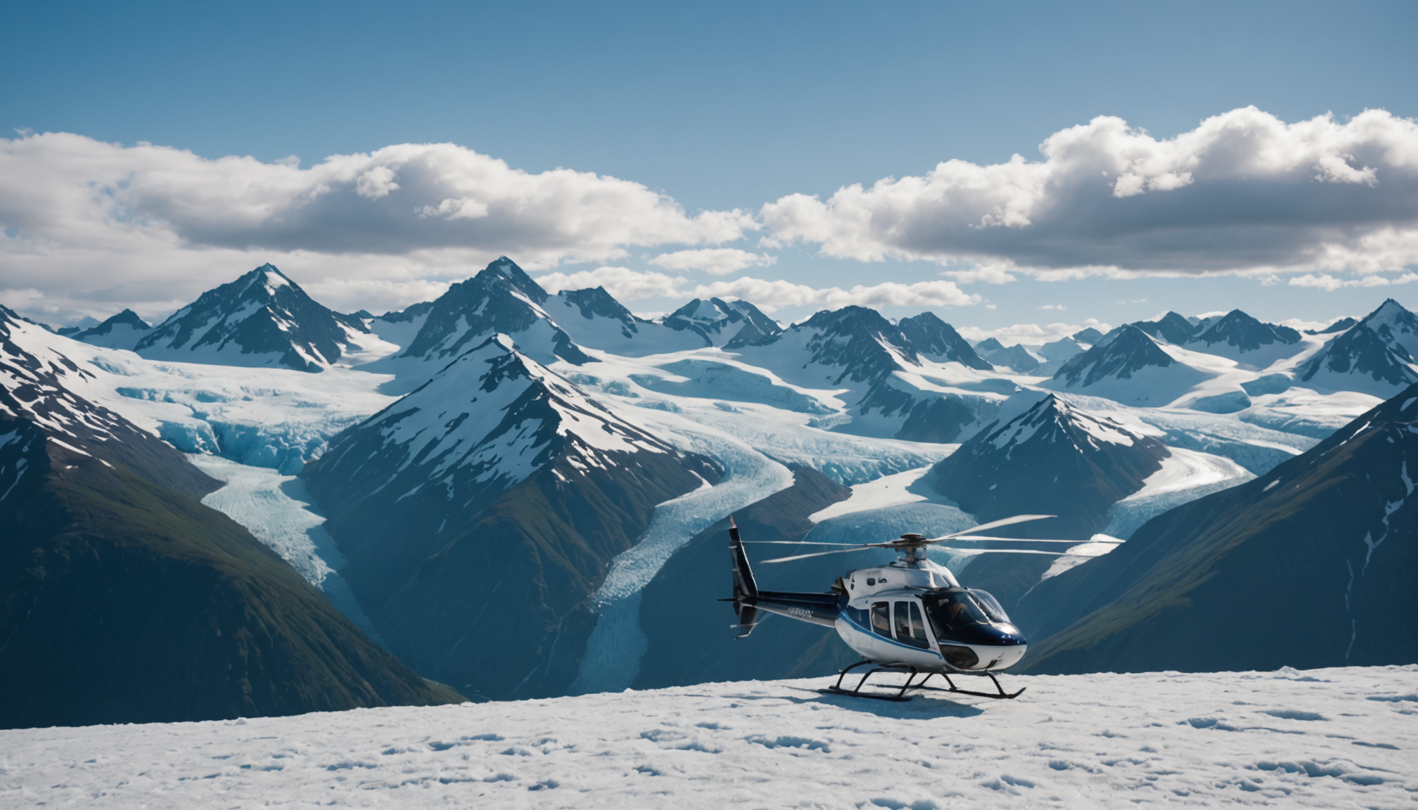 Helicopter landing on an Alaskan glacier with a small cruise ship in the background