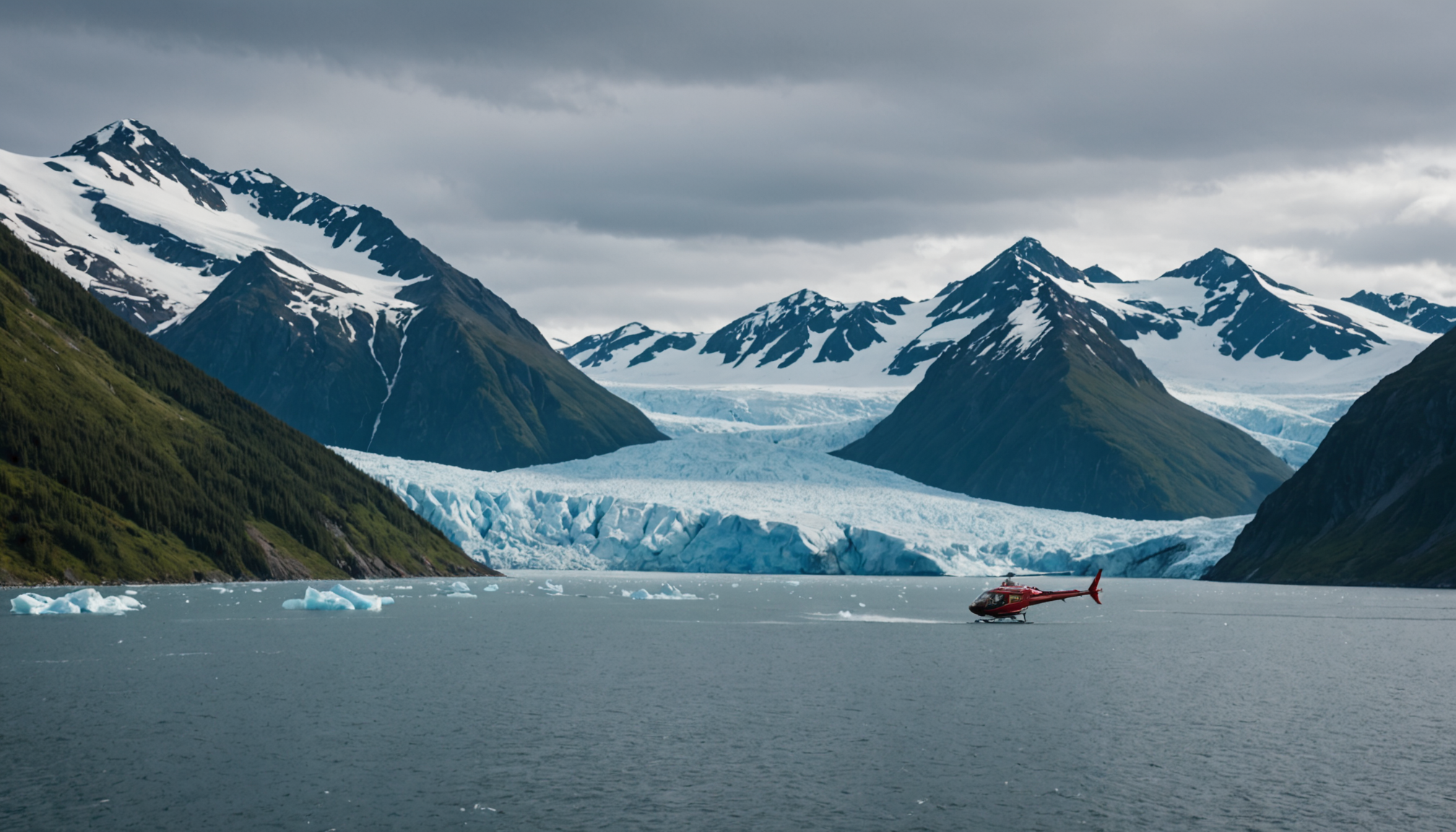 A small ship navigating through Prince William Sound with snowy mountains in the background
