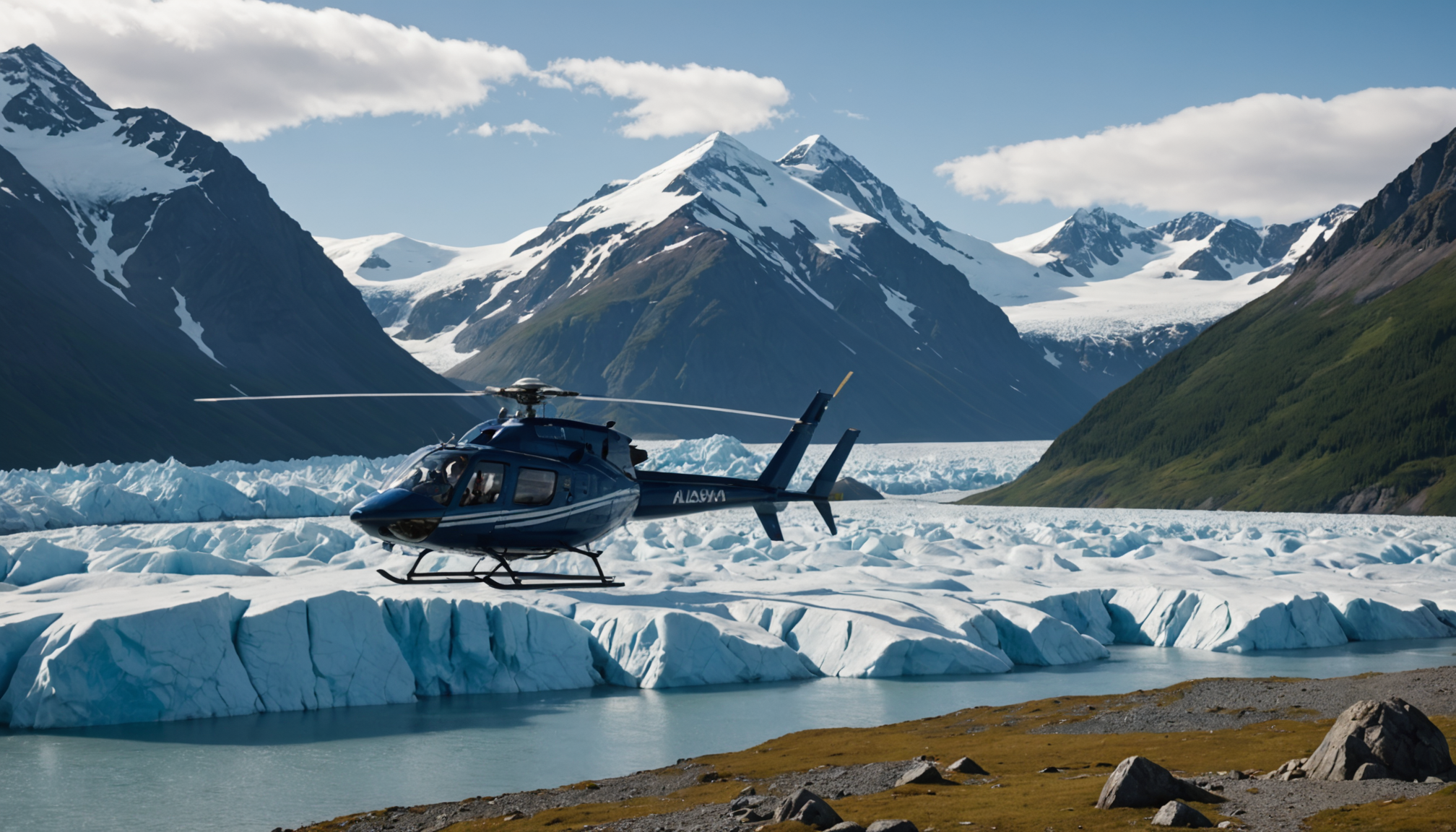 Helicopter landing on a glacier in the Chugach Range