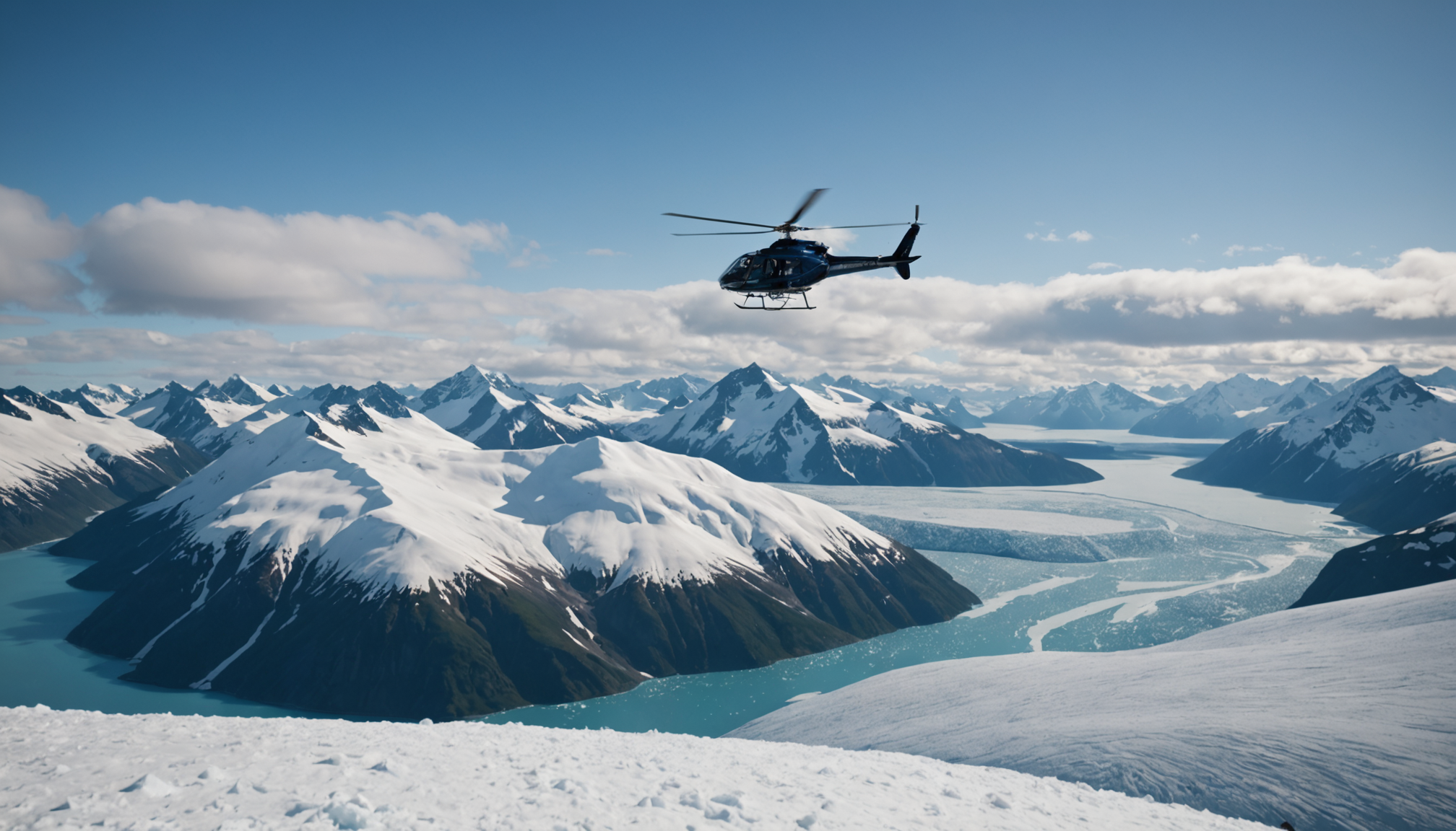 A helicopter flying over Prince William Sound with snow-capped mountains in the background